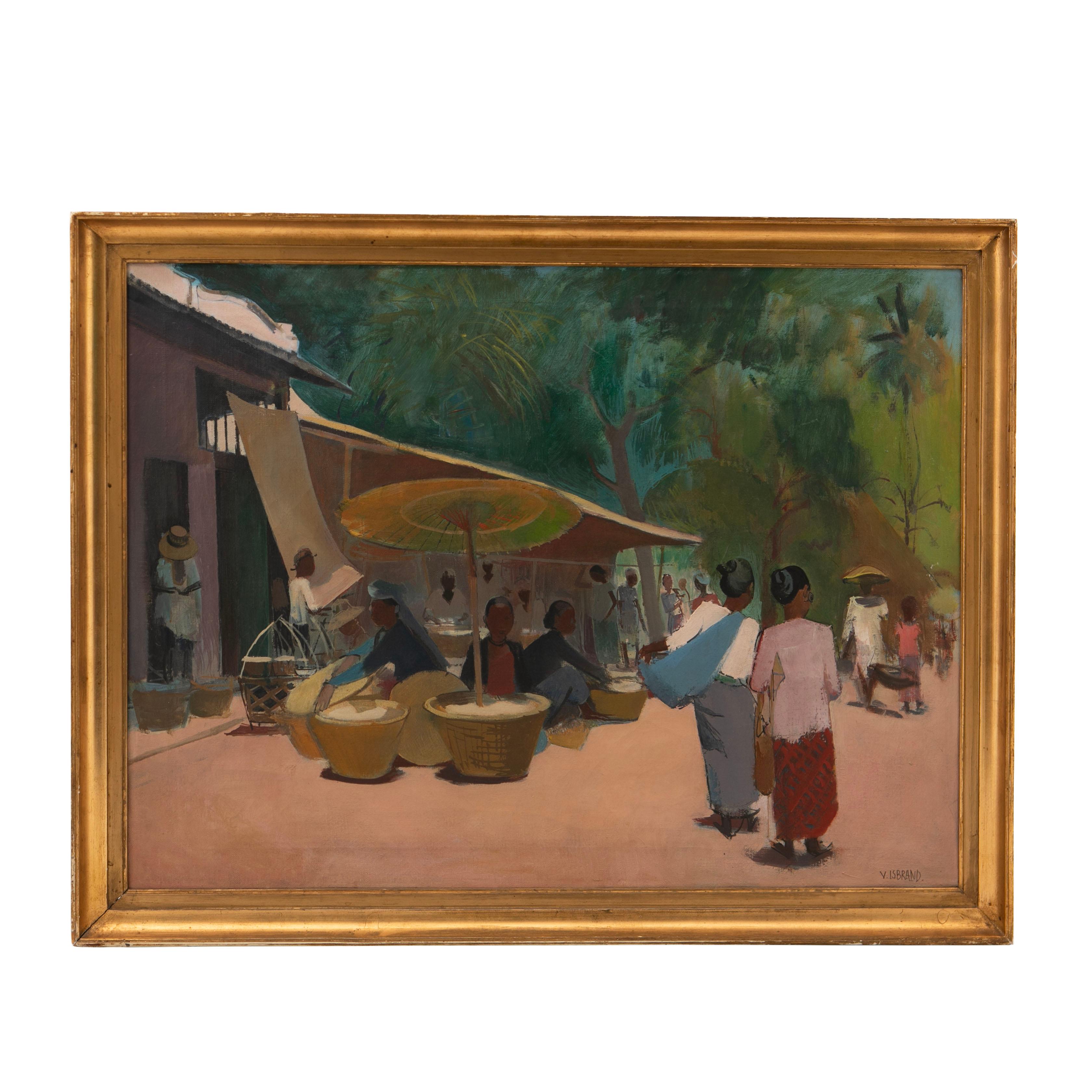 Victor Isbrand (Danish, 1897-1989)
Javanese market, oil on canvas.
Frame size (cm):60 x 79 x 5  Artwork size: 52 x 70
Signed V. Isbrand in the lower right corner and on the flip size of the frame.
Purworejo Java, Indonesia 1921

Frame: 60 x 79 x