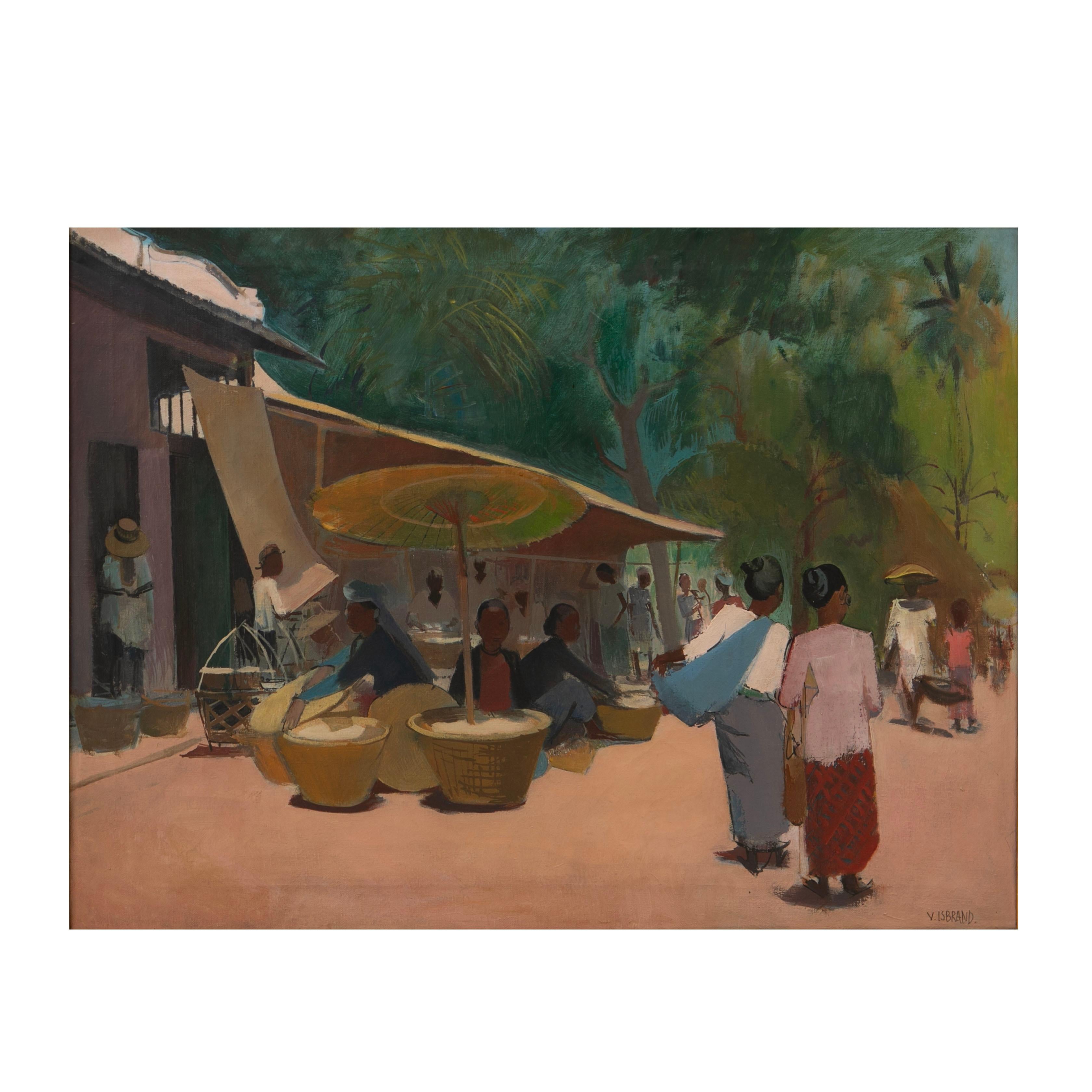 Modern Victor Isbrand  Painting Javanese Market, Oil On Canvas. For Sale