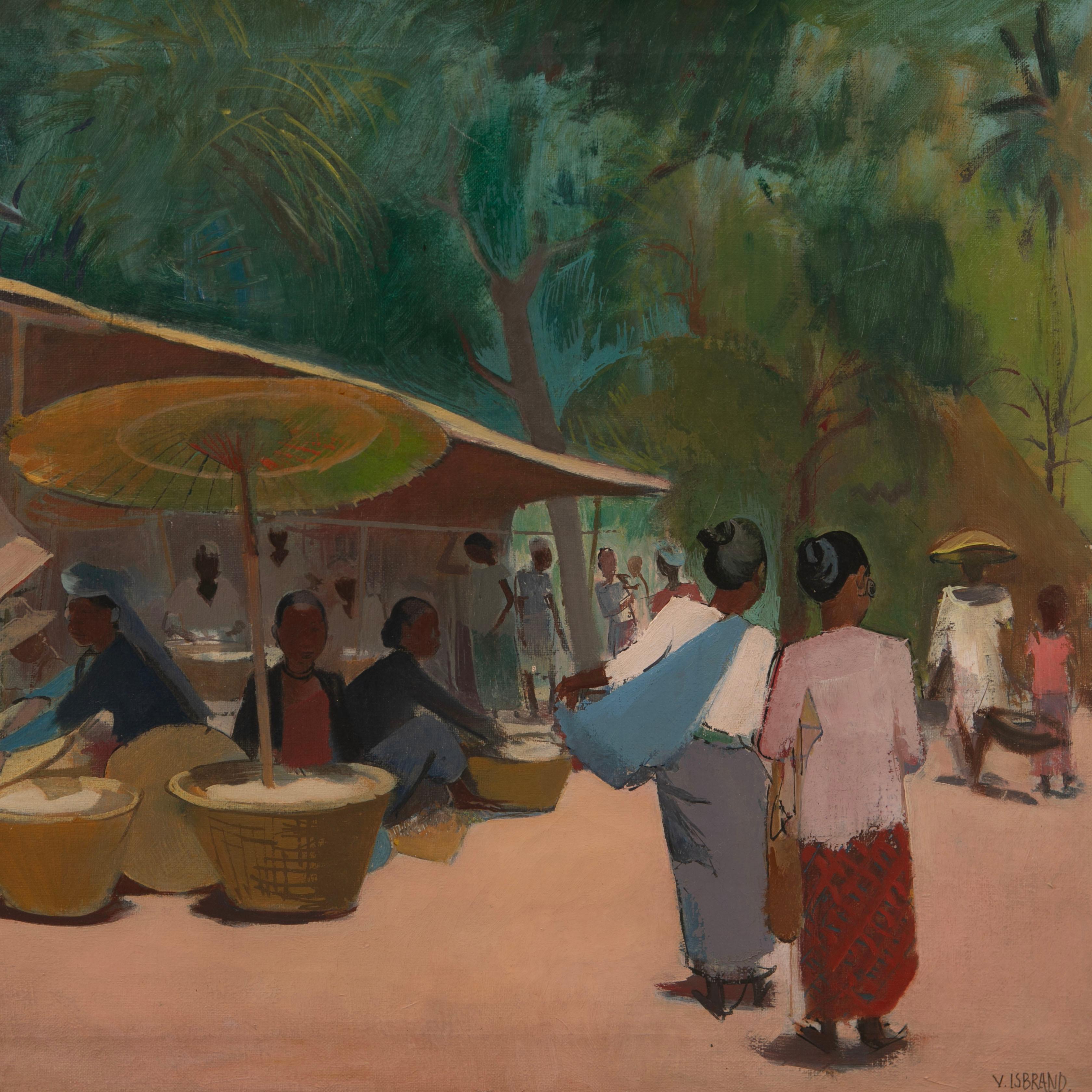 Victor Isbrand  Painting Javanese Market, Oil On Canvas. In Good Condition For Sale In Kastrup, DK