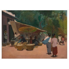 Antique Victor Isbrand Javanese market, oil on canvas.
