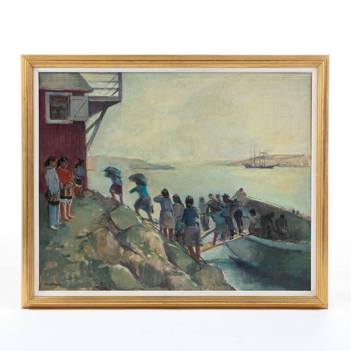 Moderno Victor Isbrand, Dipinto a olio con donne groenlandesi che trasportano carbone, Upernavik, 1935 in vendita