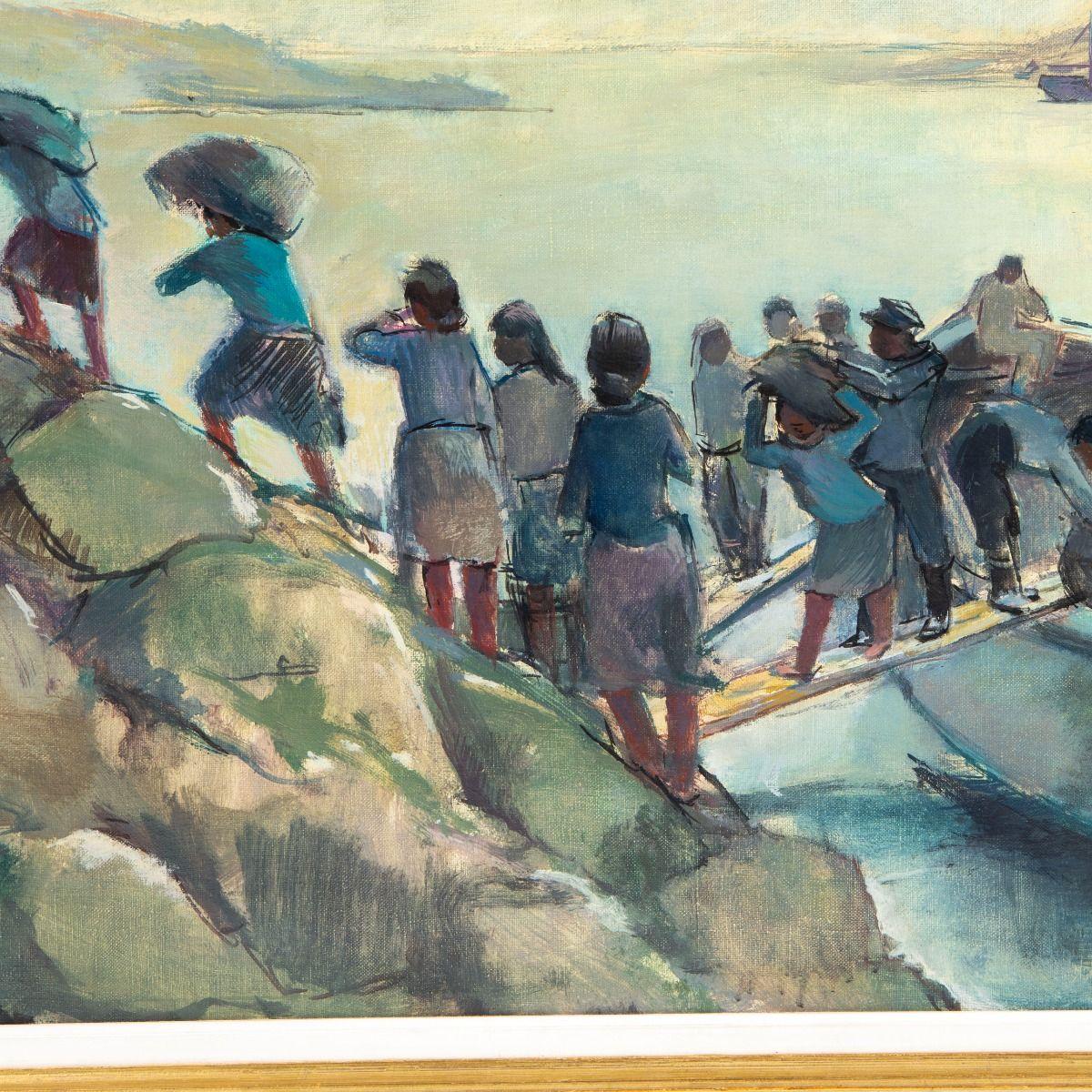 XX secolo Victor Isbrand, Dipinto a olio con donne groenlandesi che trasportano carbone, Upernavik, 1935 in vendita