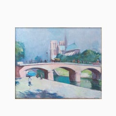 Victor Isbrand Oil Painting – View of Paris with Notre-Dame and the Seine, 1920s