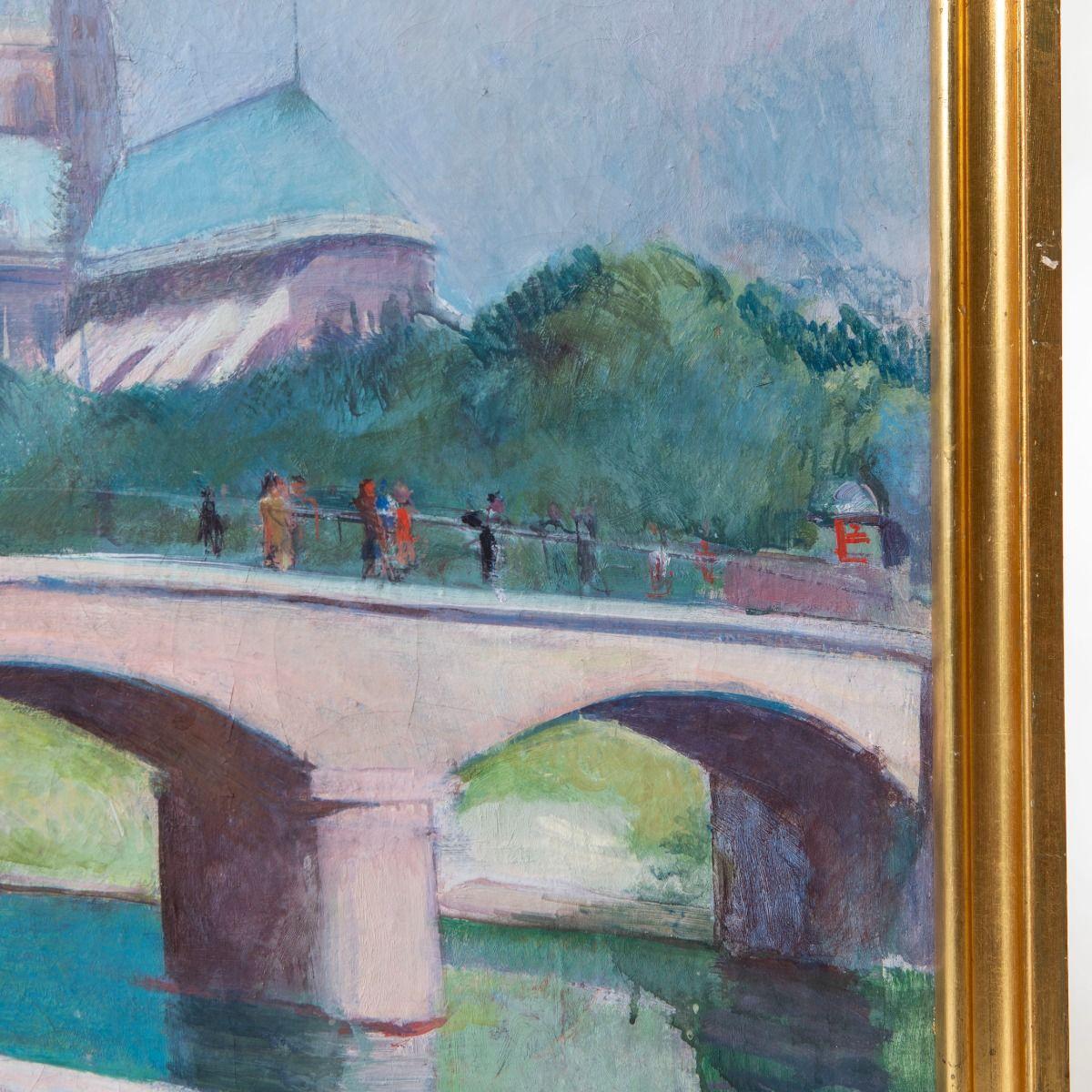 Victor Isbrand Ölgemälde - Ansicht von Paris mit Notre-Dame und der Seine, 1920er Jahre (Vergoldet) im Angebot