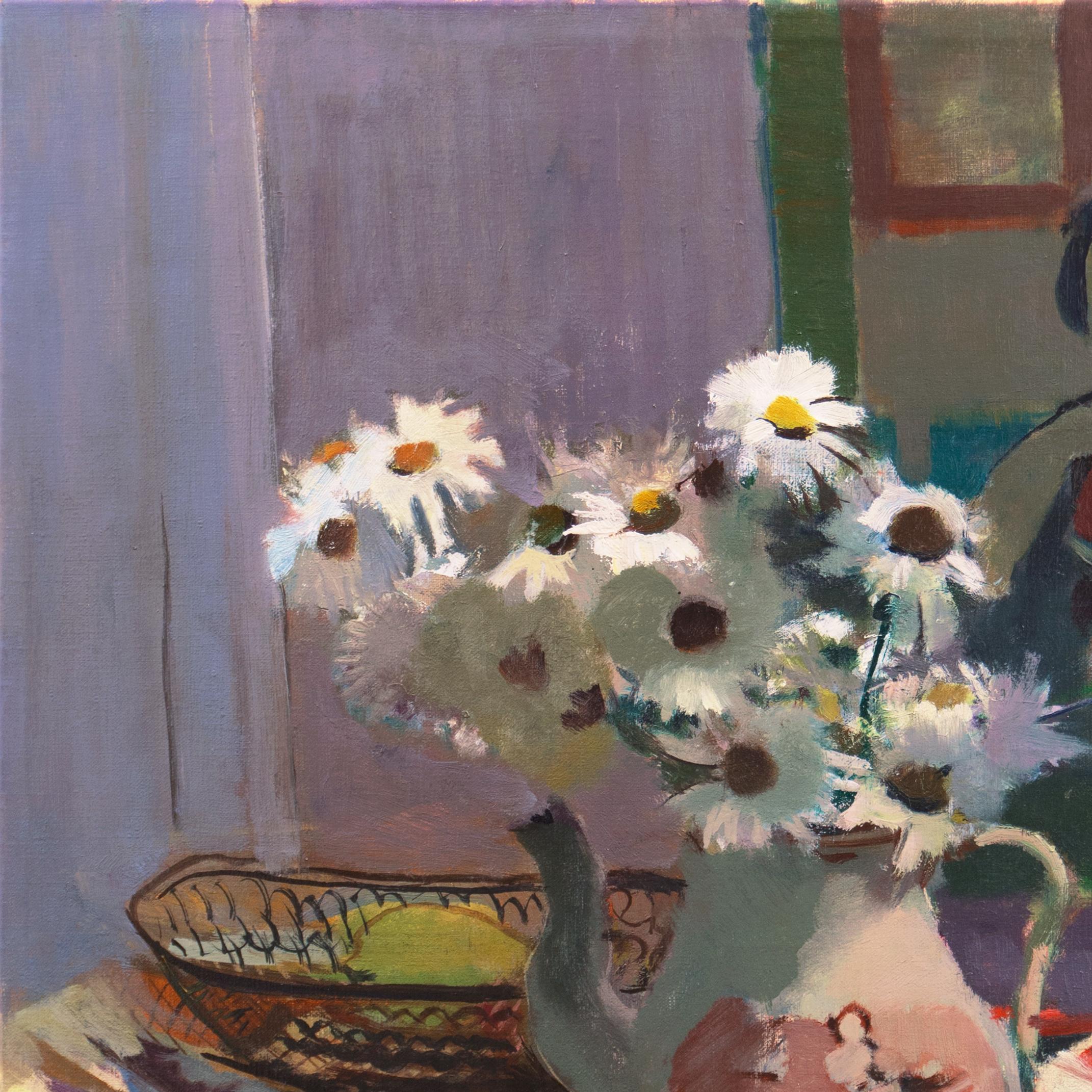 'Daisies with a Japanese Print', Paris, Academie Chaumiere, Large oil Still Life - Post-Impressionist Painting by Victor Isbrand