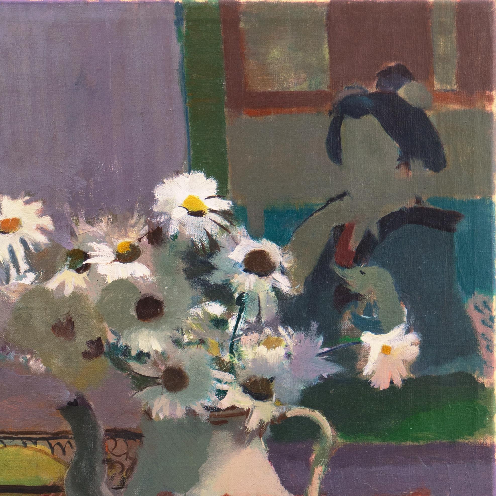 Signed lower left, 'V. Isbrand' for Victor Isbrand (Danish, 1897-1989) and painted circa 1965.

 A substantial Post-Impressionist oil still-life showing a view of yellow and white daisies loosely arranged in a ceramic chocolate pot set on a table