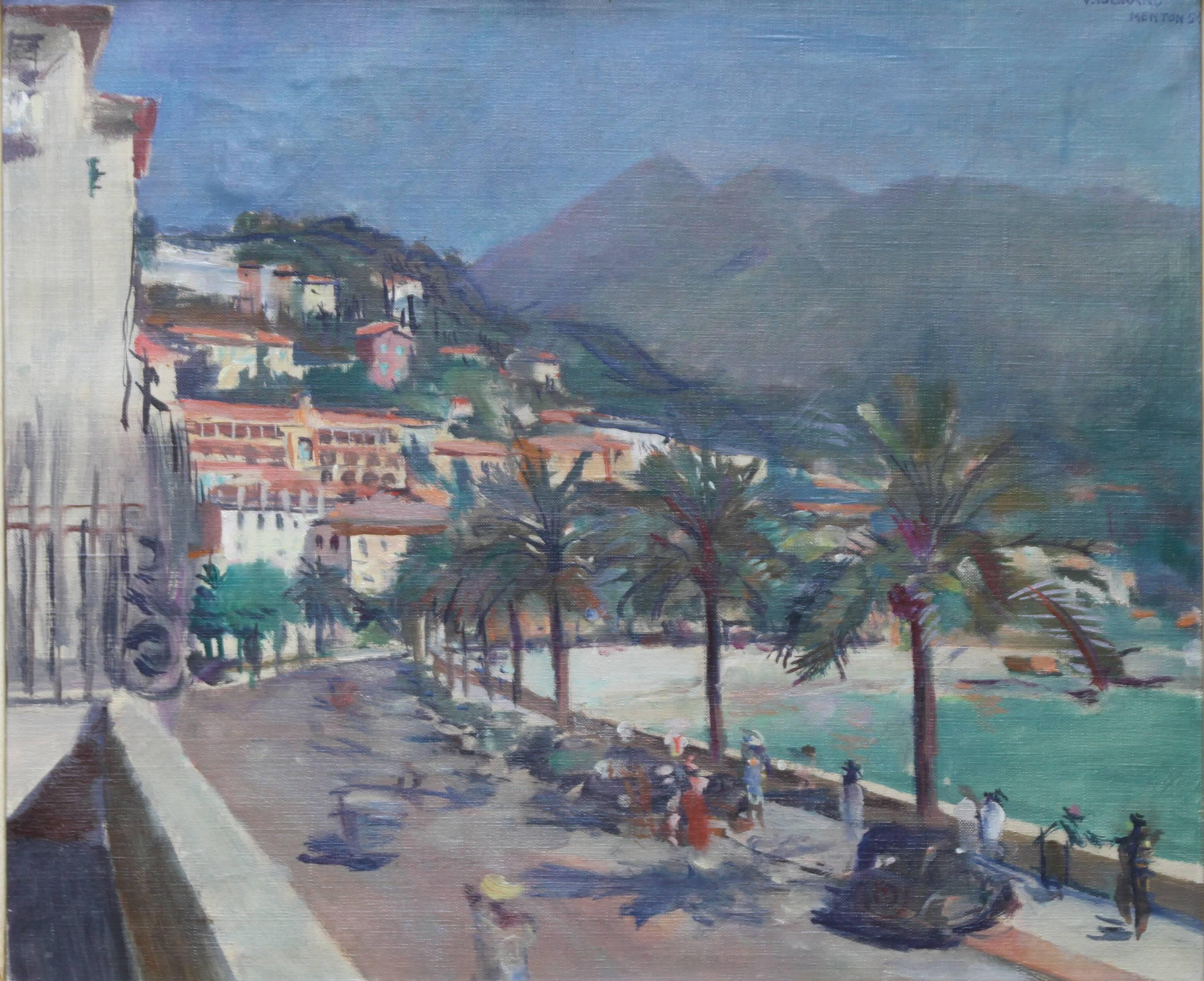 Menton South of France - British 40's Impressionist oil painting beach promenade - Painting by Victor Isbrand