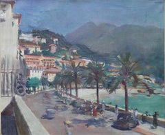 Mentone Sud della Francia - dipinto ad olio impressionista britannico degli anni '40 sul lungomare
