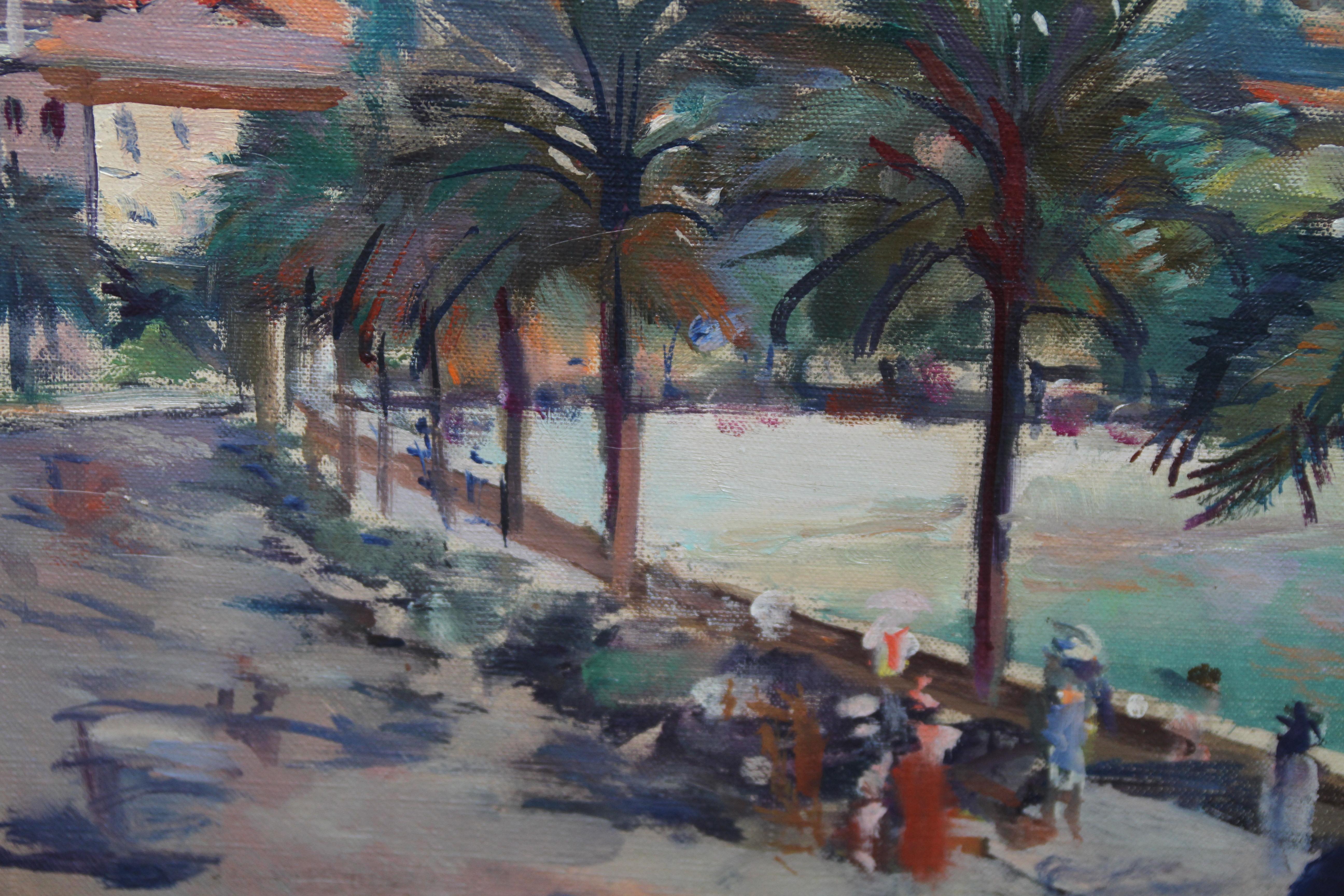 Menton South of France - British 40's Impressionist oil painting beach promenade - Gray Landscape Painting by Victor Isbrand