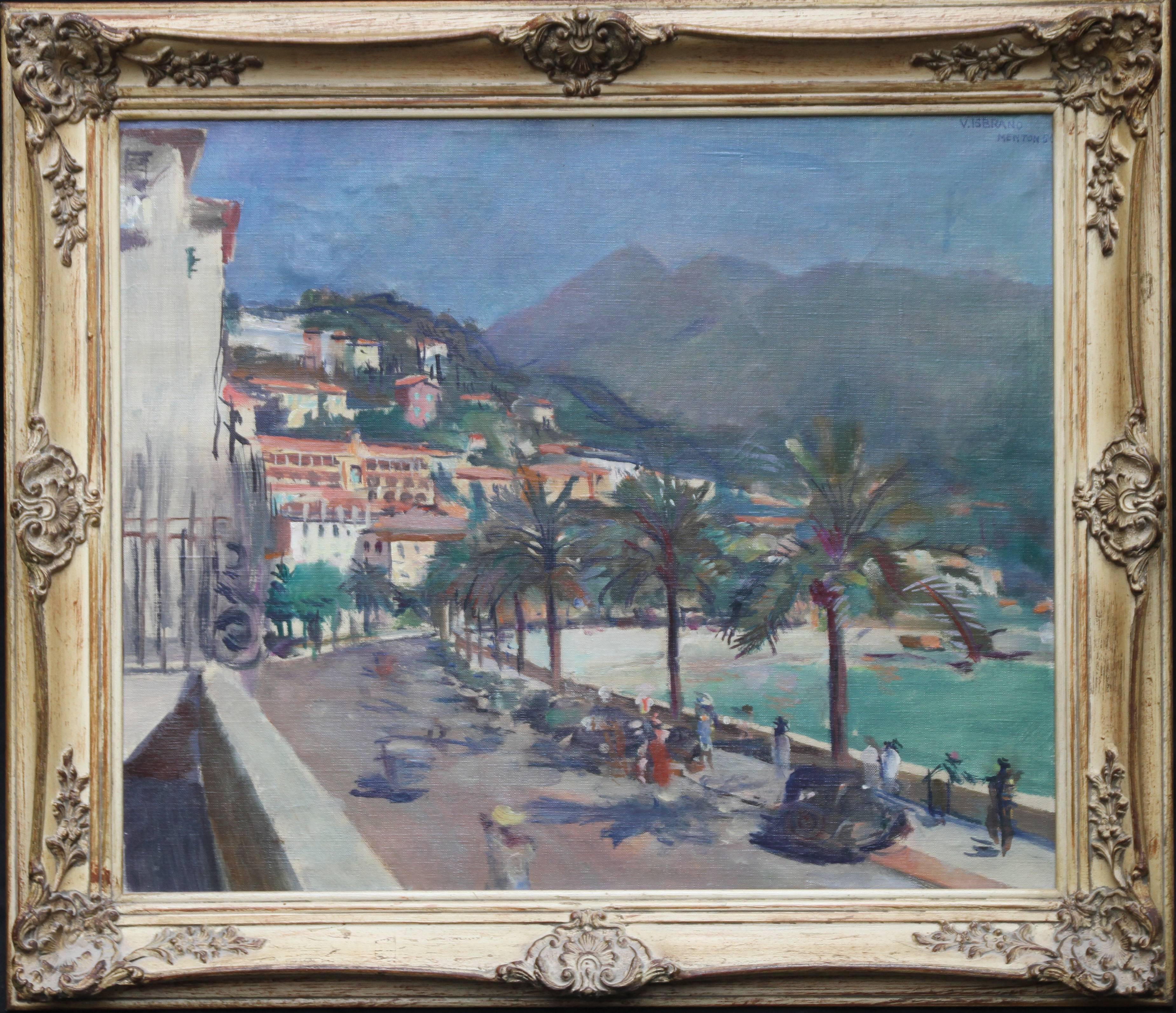 Victor Isbrand Landscape Painting - Menton South of France - British 40's Impressionist oil painting beach promenade