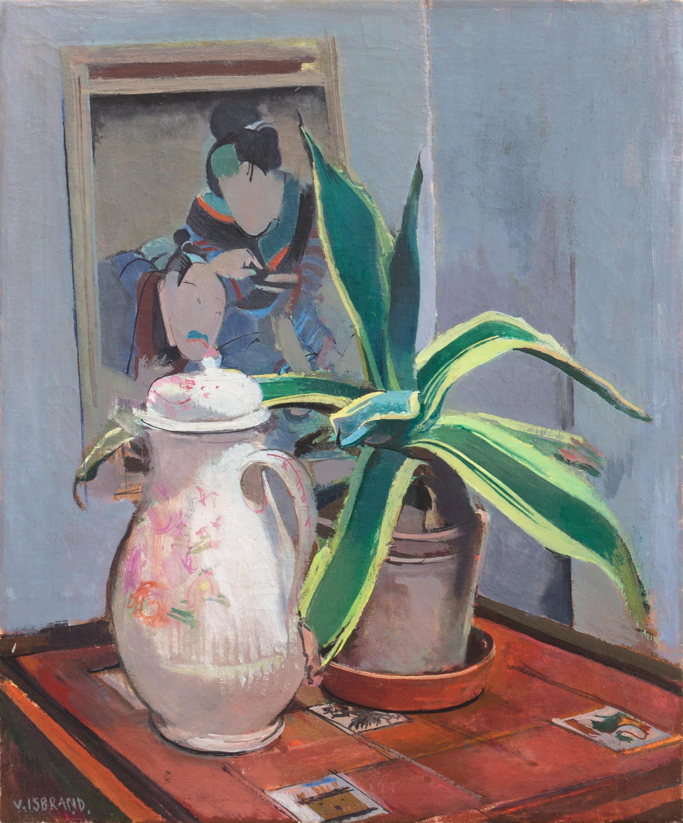 Interior Painting Victor Isbrand - « Still Life, Agave with a Japanese Woodblock Print », Paris, post-impressionniste