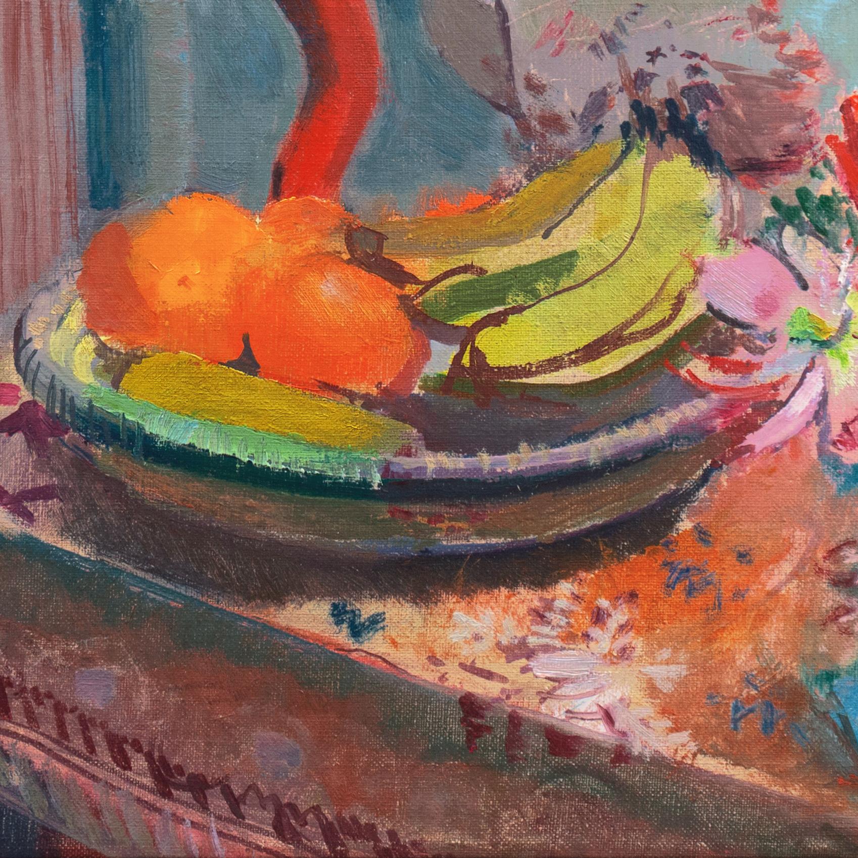 Signed upper left, 'V. Isbrand' for Victor Isbrand (Danish, 1897-1989) and painted circa 1945. 

A vibrant Post-Impressionist still-life showing a view of a farmhouse interior with a porcelain chocolate-pot together with fruit and flowers arranged