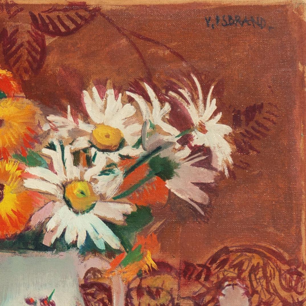 Signed upper right, 'V. Isbrand' for Victor Isbrand (Danish, 1897-1989) and painted circa 1935. 
Framed dimensions: 24 H x 1.5 D x 28.5 W inches. 

A vibrant Post-Impressionist still-life showing golden marigolds and white daisies informally
