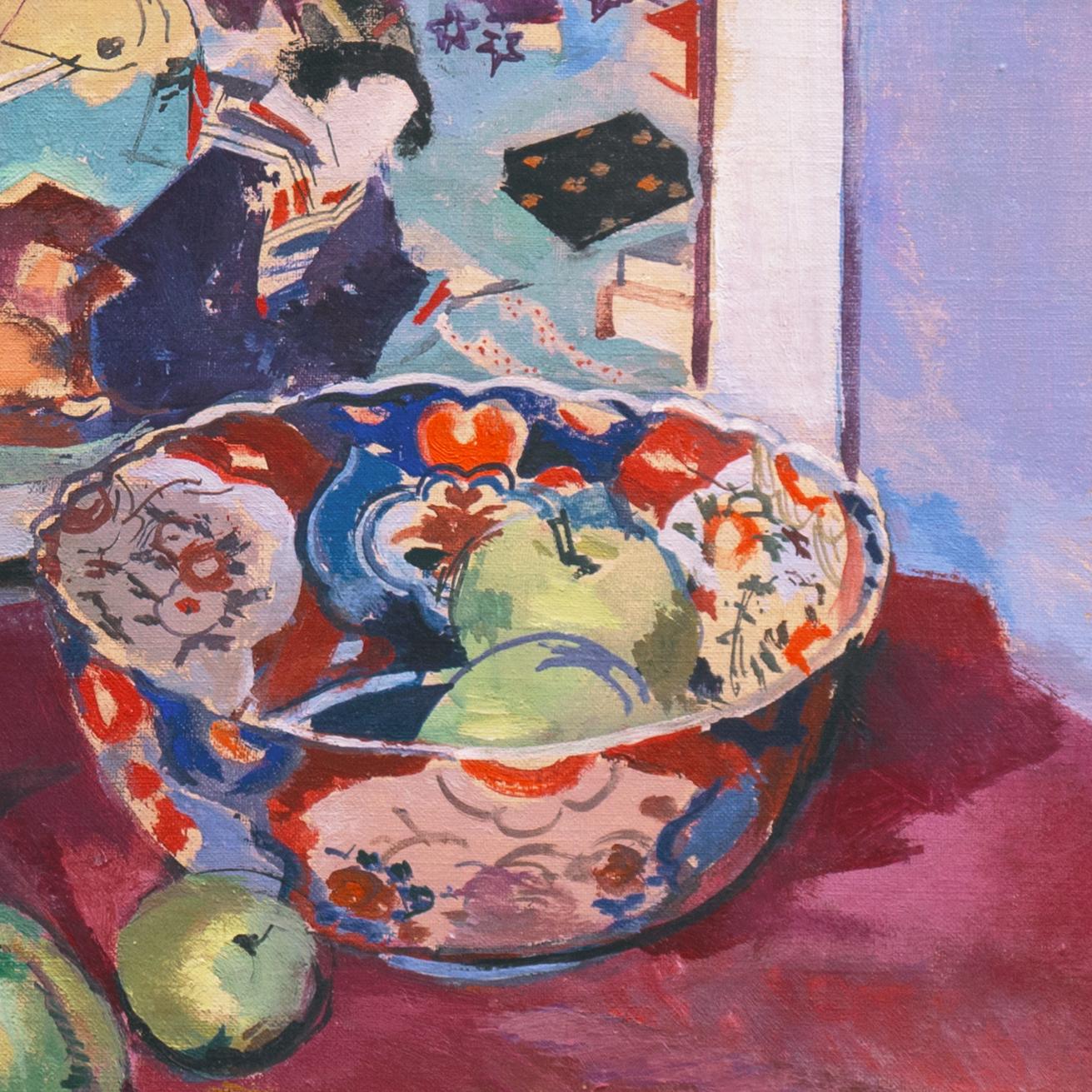 Signed lower right, 'V. Isbrand' for Victor Isbrand (Danish, 1897-1989) and painted circa 1945. 

A dramatic, Post-Impressionist still-life showing a group of items including a fluted, Japanese porcelain vase holding an informal arrangement of