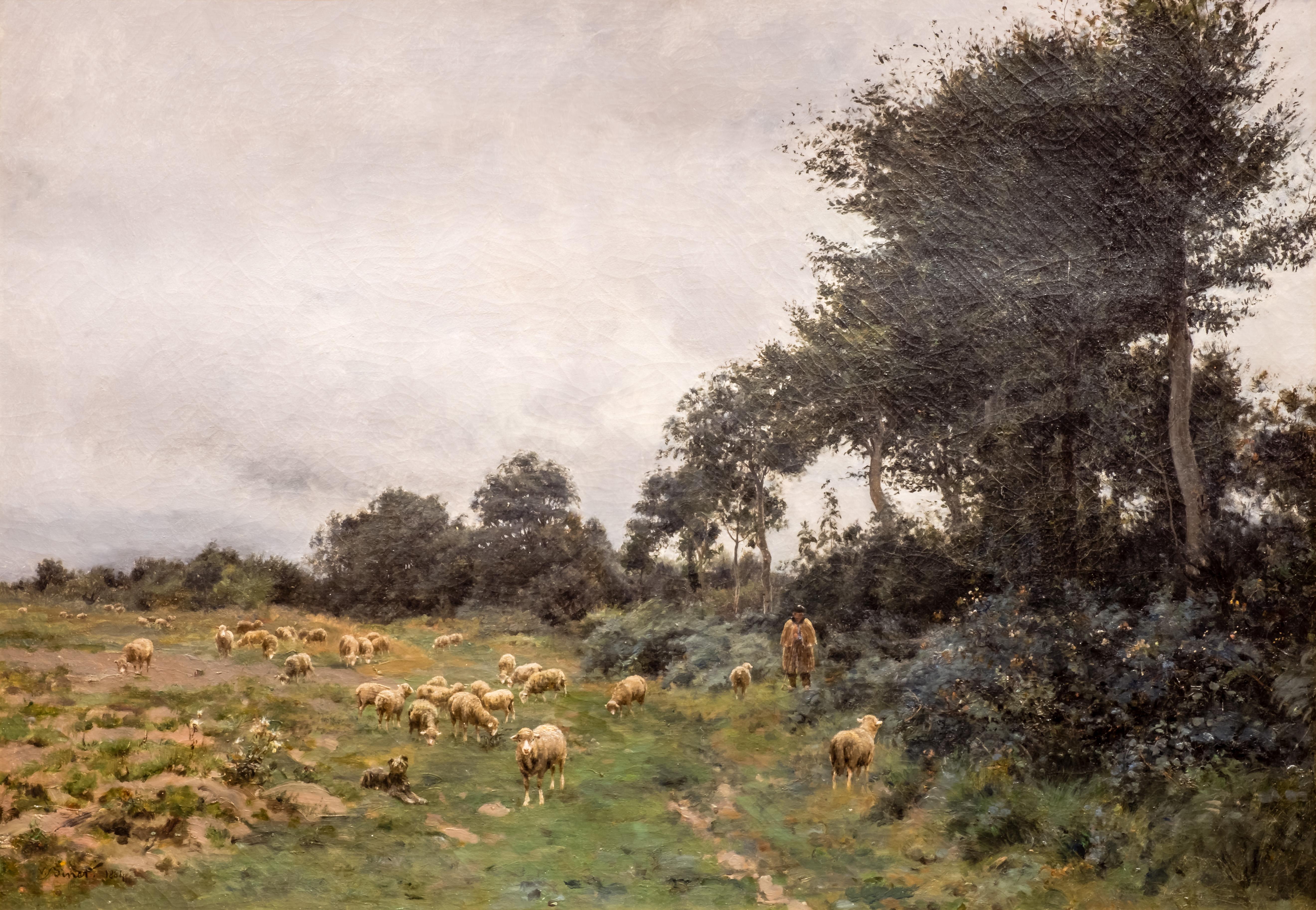 A late 19th century Barbizon School oil on canvas by Victor Jean Baptiste Barthélemy Binet (1849-1924), featuring a rural scene of sheep with a shepherd on a cloudy day.
He exhibited at the 1878 Paris Salon, at the Royal Acadmy in London in 1886