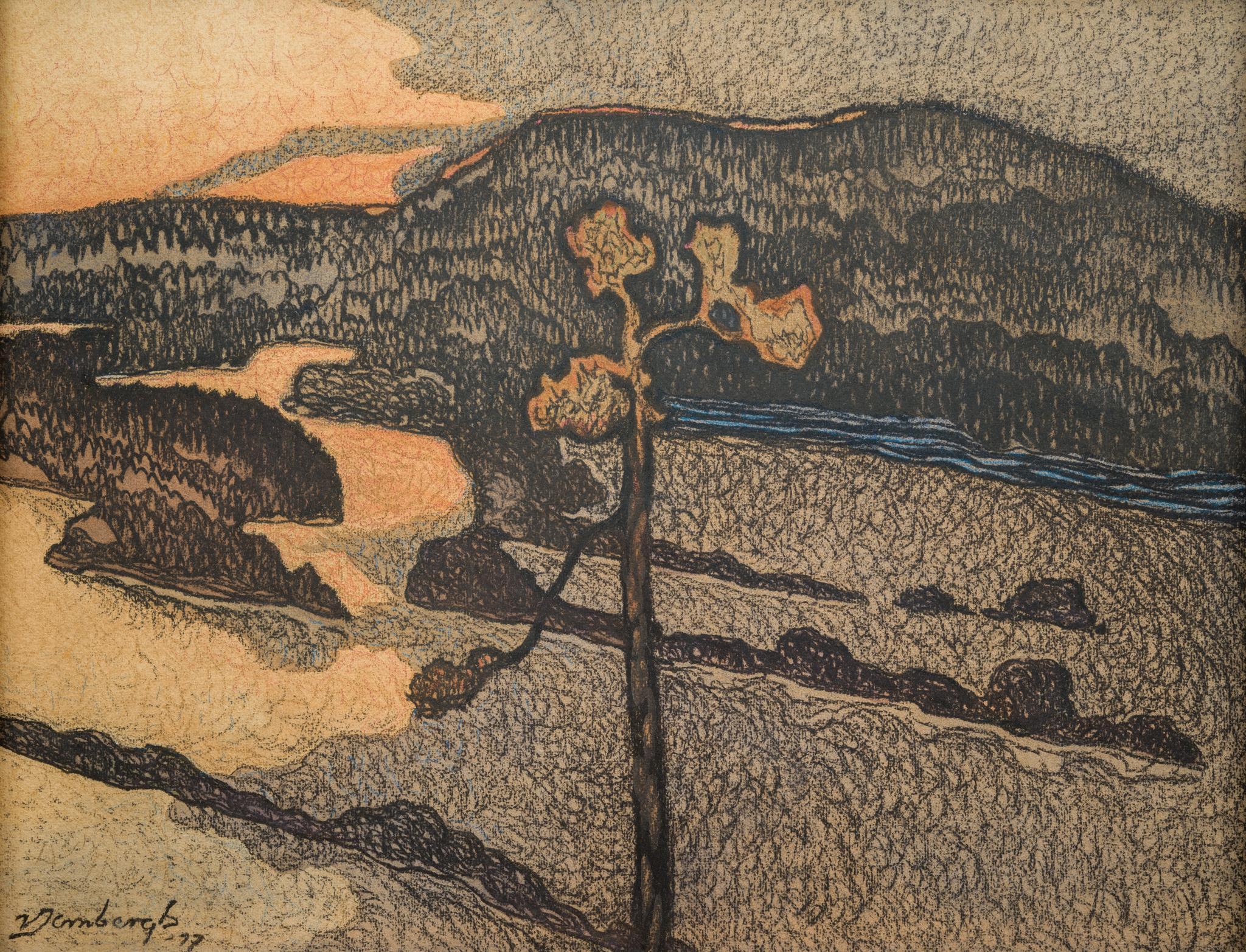 Bagliore serale lungo il fiume, 1917 - Landscape Art Marrone di Victor Jernbergh