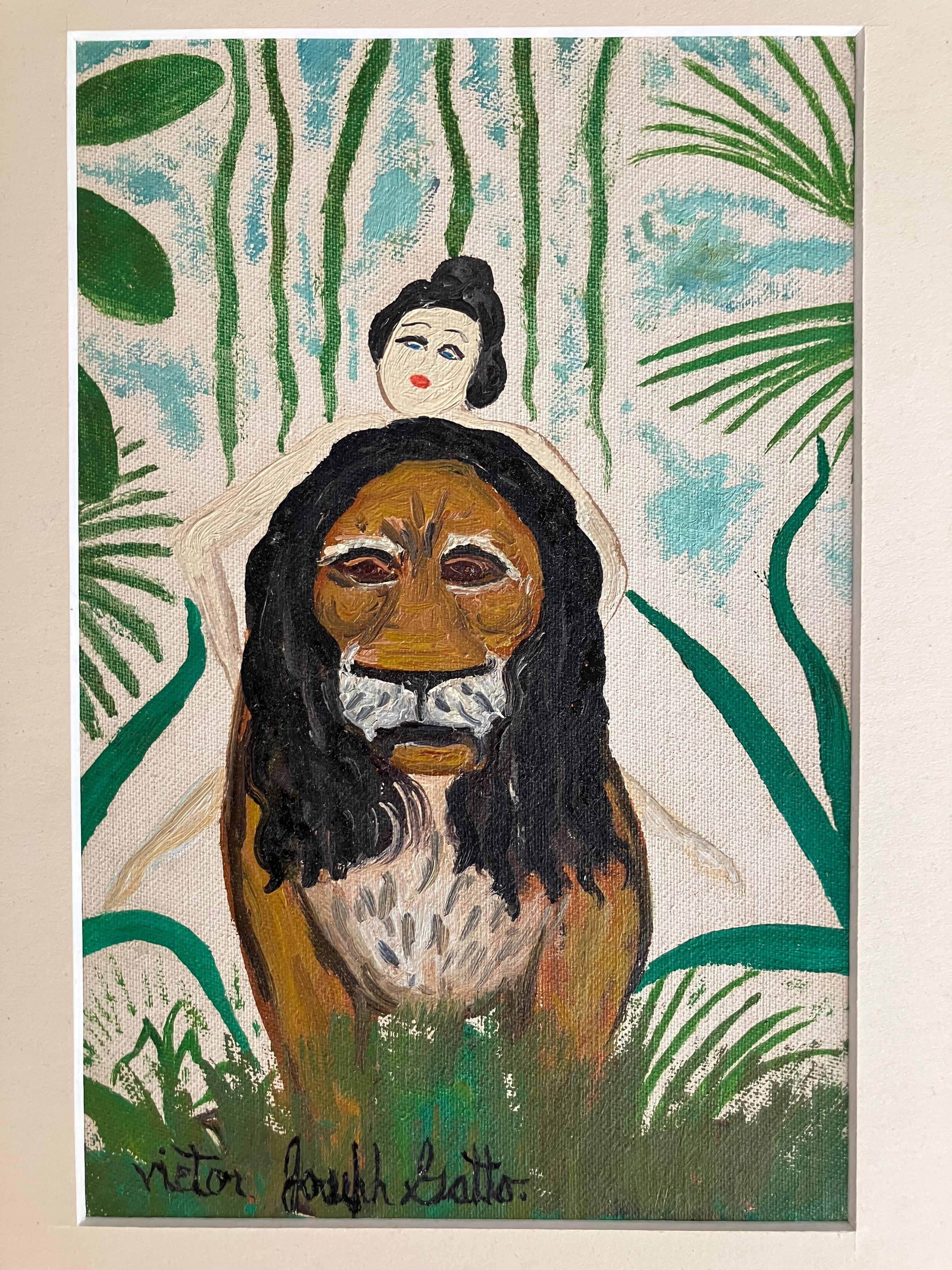 Victor Joseph Gatto: 1893-1965. Sehr gut gelisteter amerikanischer primitiver Künstler. Er ist vor allem für seine skurrilen Dschungelgemälde bekannt. Dieses kleine Juwel misst 9 Zoll hoch und 6 Zoll breit und ist ein Öl auf Karton. Seine
