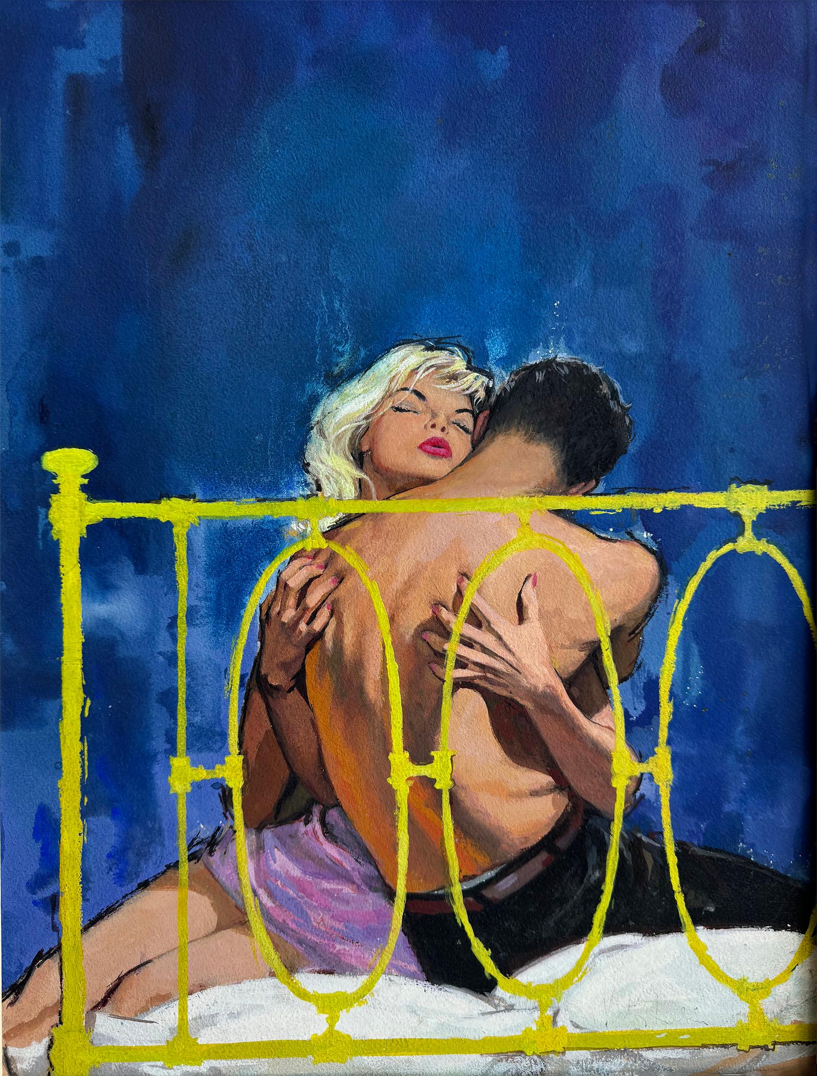Un romantico abbraccio tra innamorati a letto -  Libro di metà secolo
