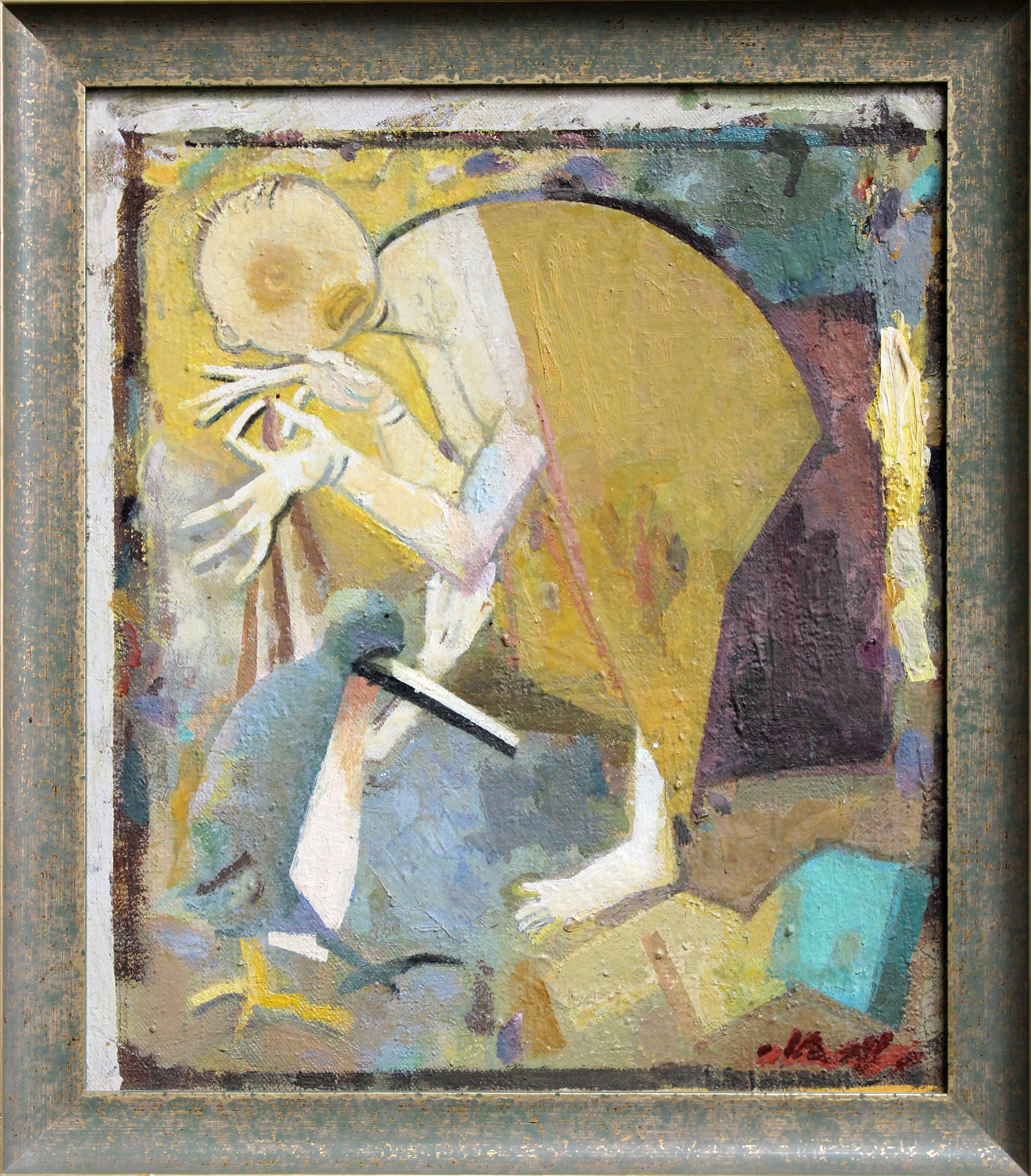 Una conversazione. Olio, tela, cartone, 31, 5 x 27 cm - Painting di Victor Karnauh 