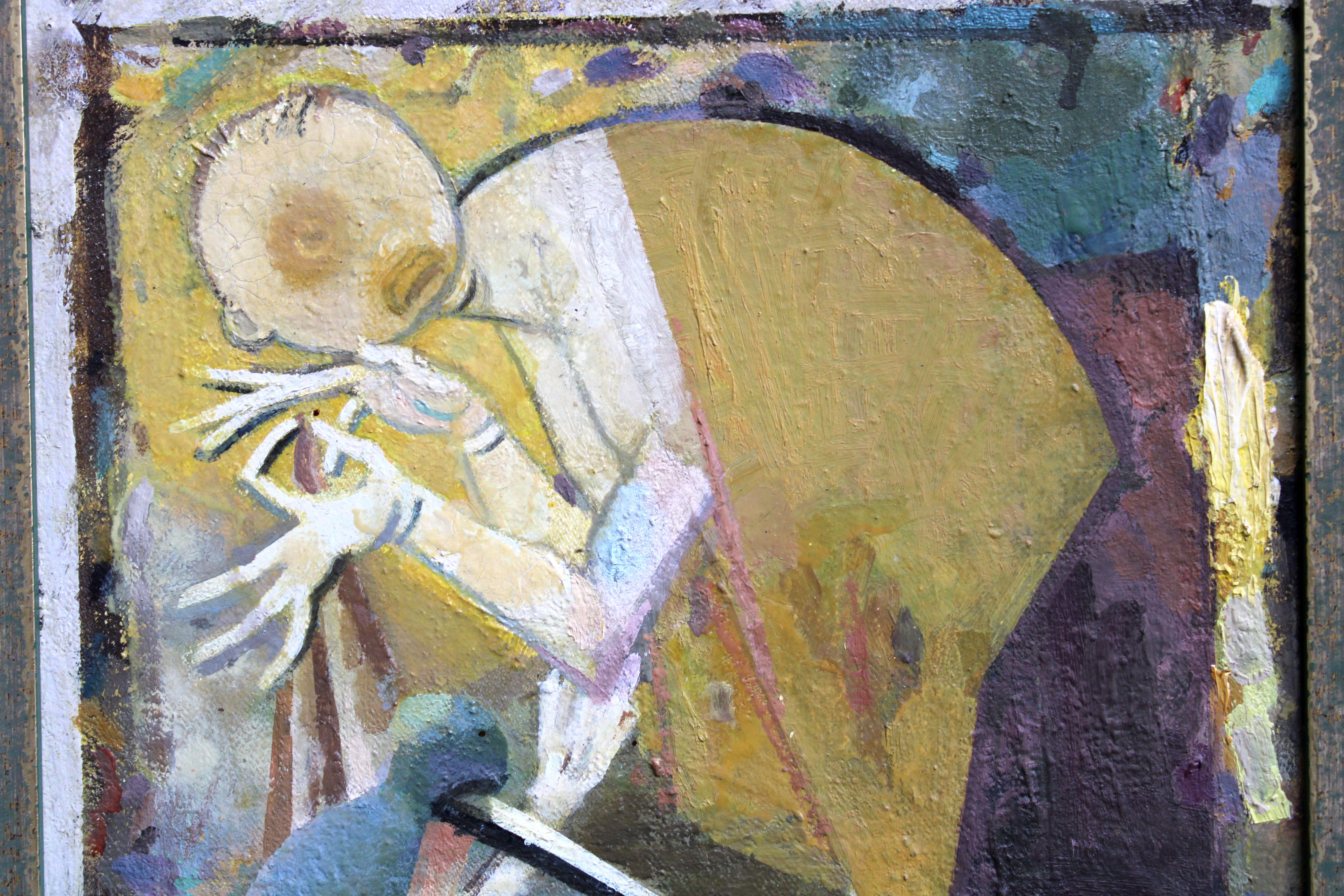 Una conversazione. Olio, tela, cartone, 31, 5 x 27 cm - Abstract Painting Marrone di Victor Karnauh 