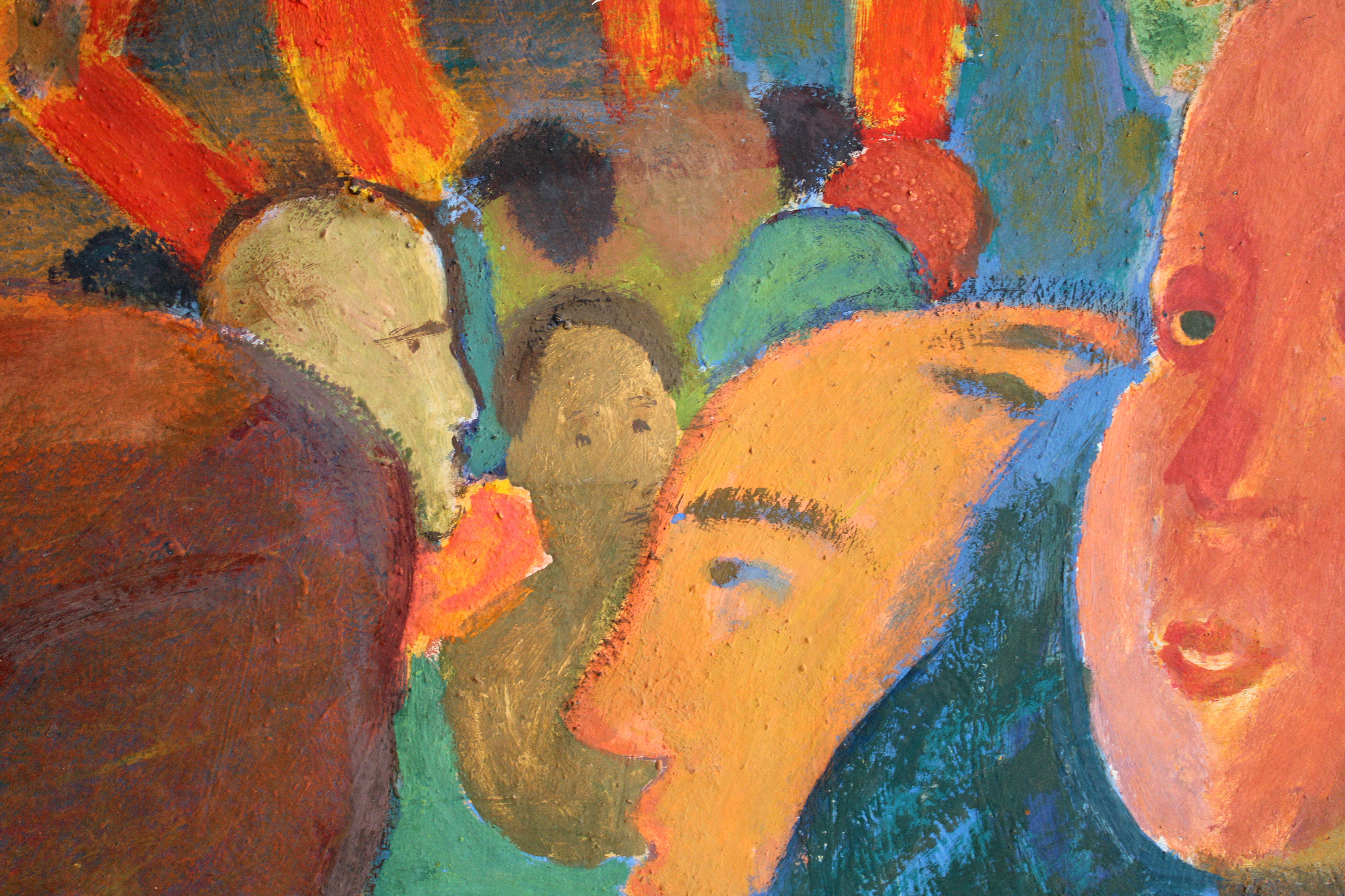 Victor Karnauh, Ospiti. Olio su cartone 86x105 cm

Il dipinto presenta una scena vibrante e vivace, utilizzando colori brillanti per creare un'atmosfera coinvolgente e allegra. La composizione presenta una donna sul lato sinistro della tela, in