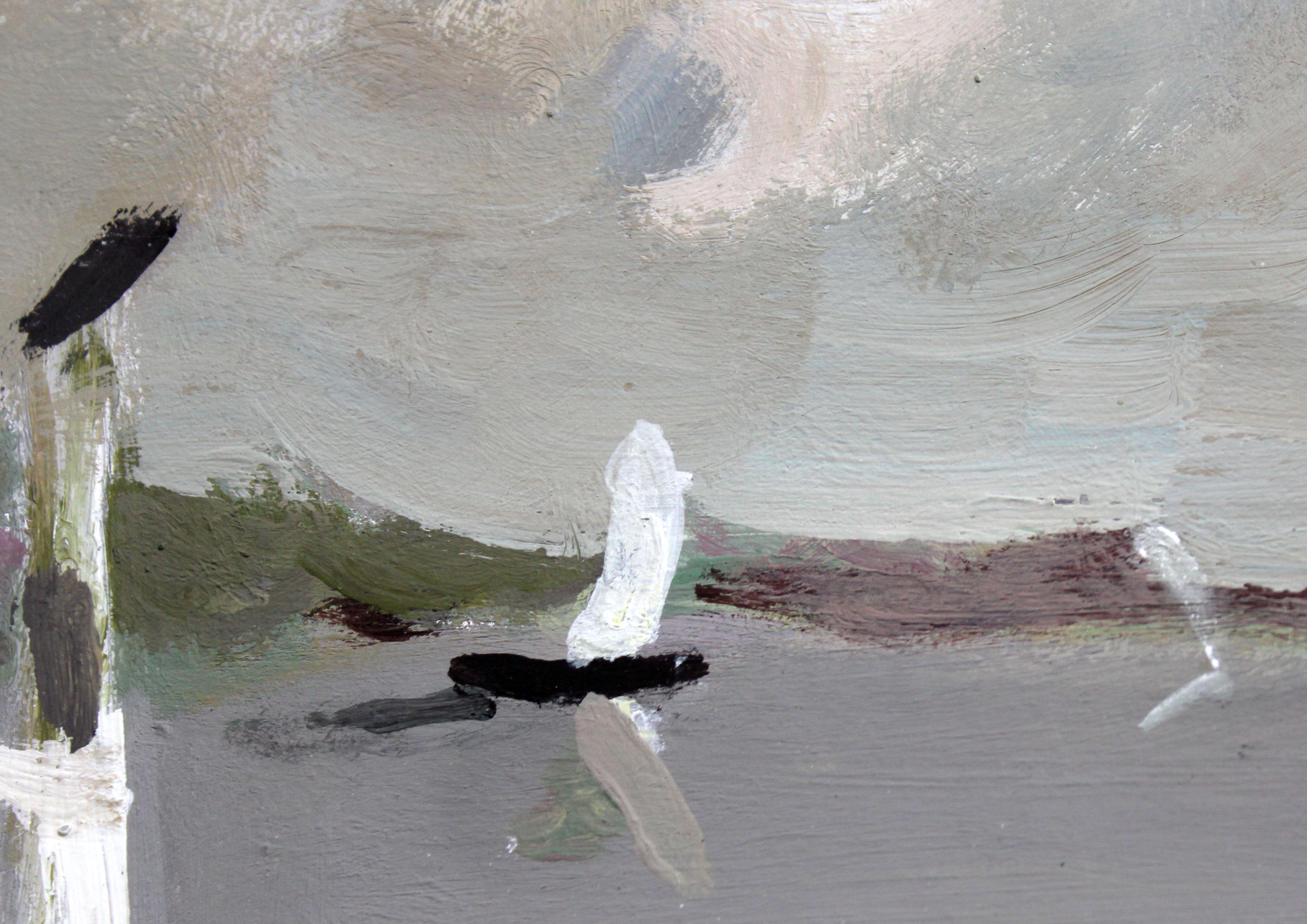 Paesaggio con barca a vela. Olio su cartone, 14x19 cm - Abstract Painting Grigio di Victor Karnauh 