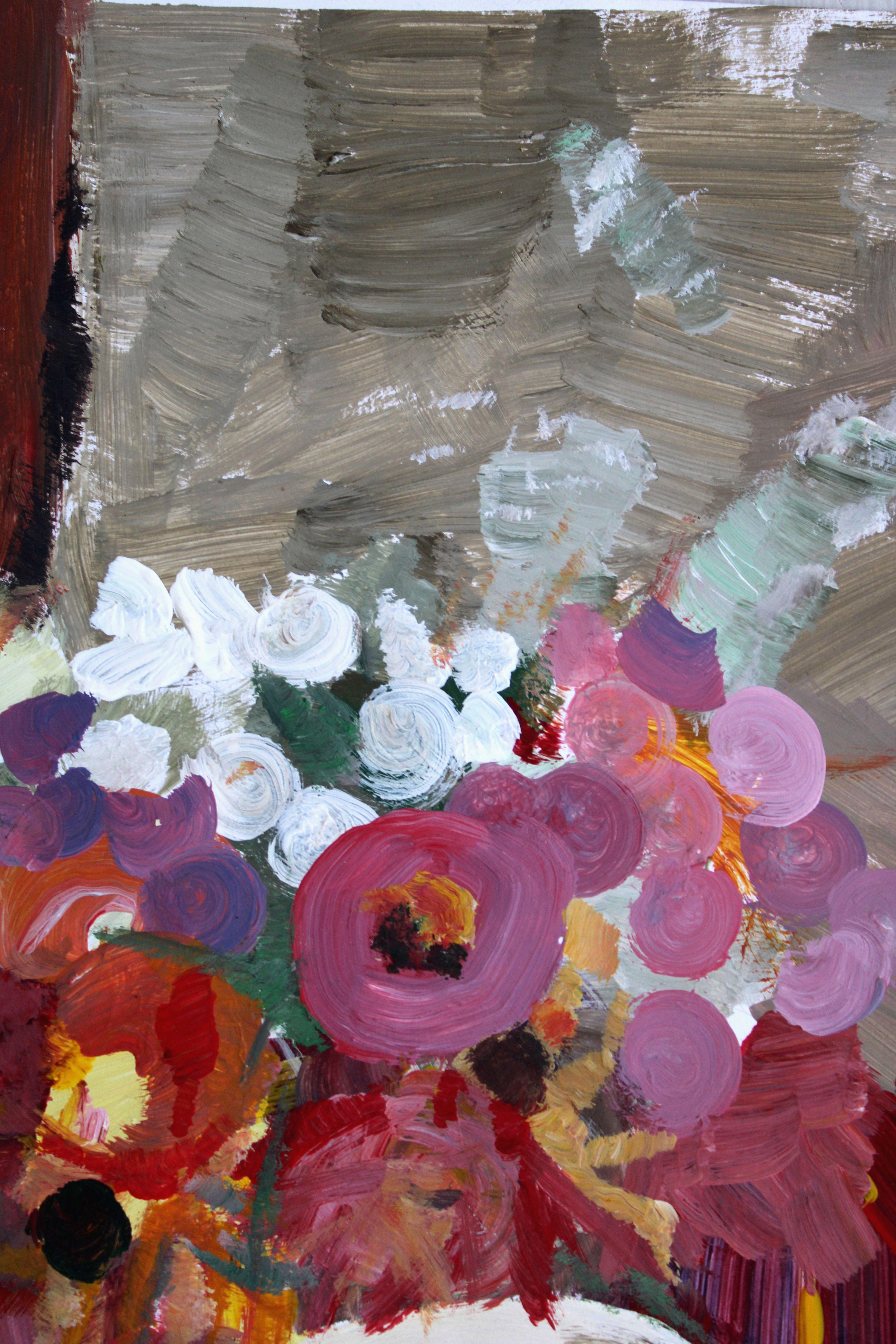 Natura morta con fiori e mele. Olio su carta, 39. 5 x 30 cm - Interior Painting Marrone di Victor Karnauh 