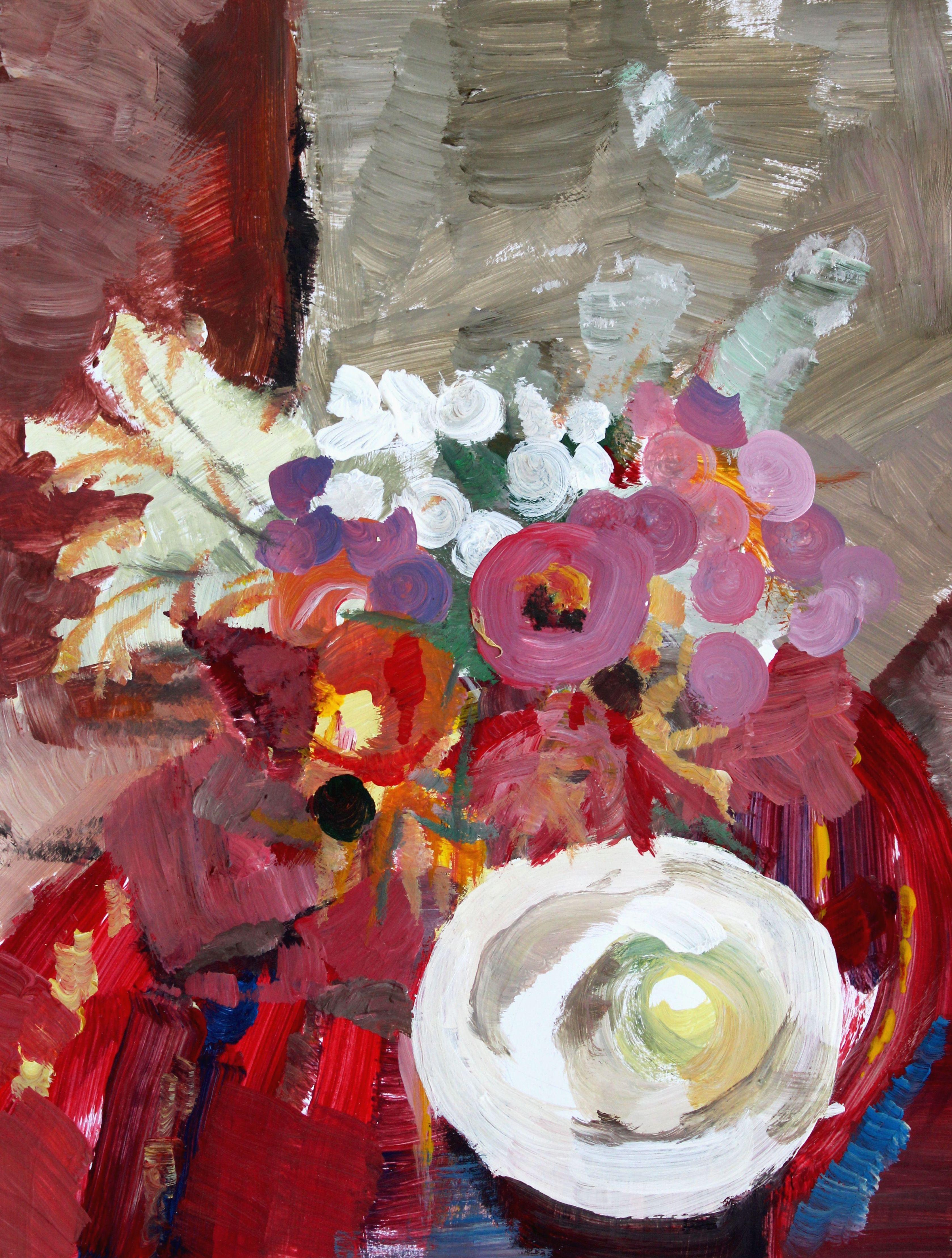 Bodegón con flores y manzana. Óleo sobre papel, 39. 5 x 30 cm