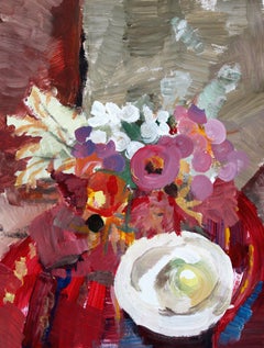 Vintage Still life with flowers and apple. Oil on paper, 39. 5 x 30 cm