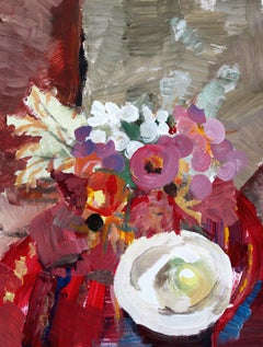Natura morta con fiori e mele. Olio su carta, 39. 5 x 30 cm