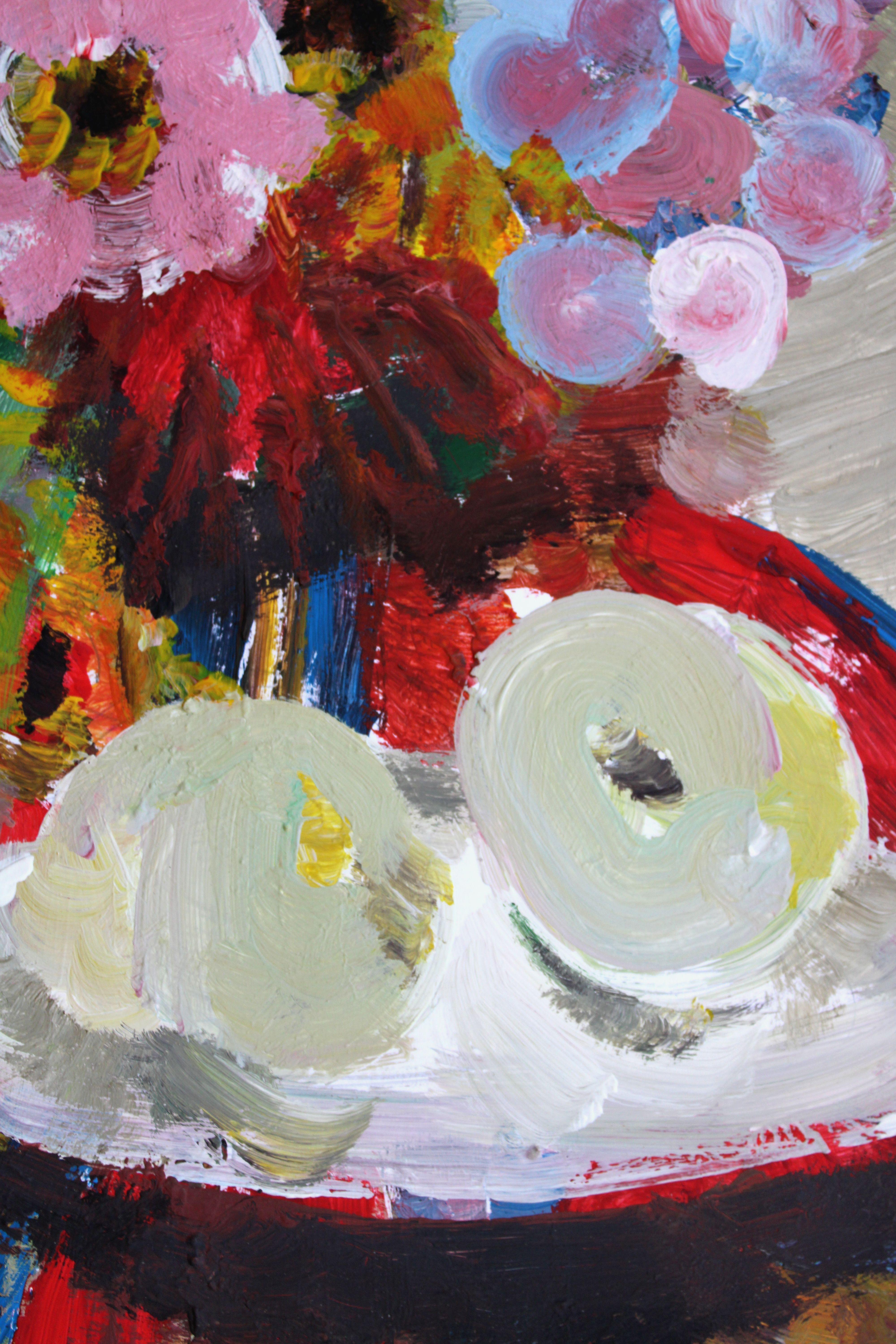 Stillleben mit Blumen und Äpfeln. Öl auf Papier, 42 x 30, 5 cm, Öl – Painting von Victor Karnauh 