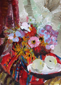 Natura morta con fiori e mele. Olio su carta, 42 x 30. 5 cm