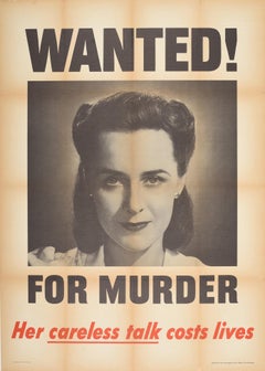 Original Vintage WWII Poster Wanted For Murder Careless Talk Costs Lives Warning