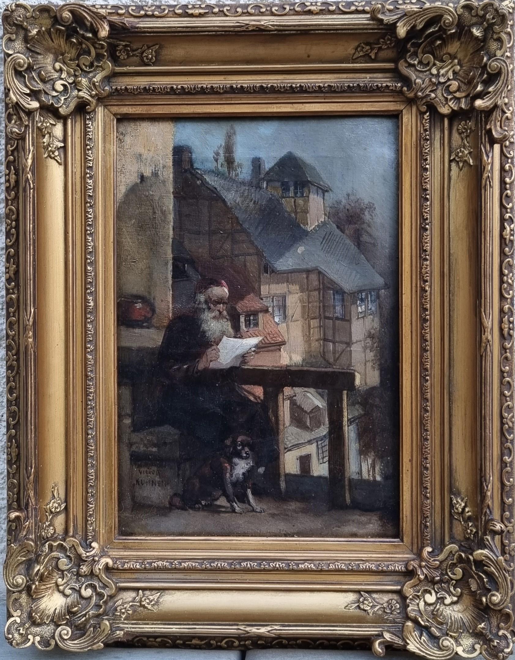 Quadro belga Victor KUHNEN Veduta Brugges Uomo anziano Cane al balcone 19° anniversario della morte di un uomo. in vendita 1