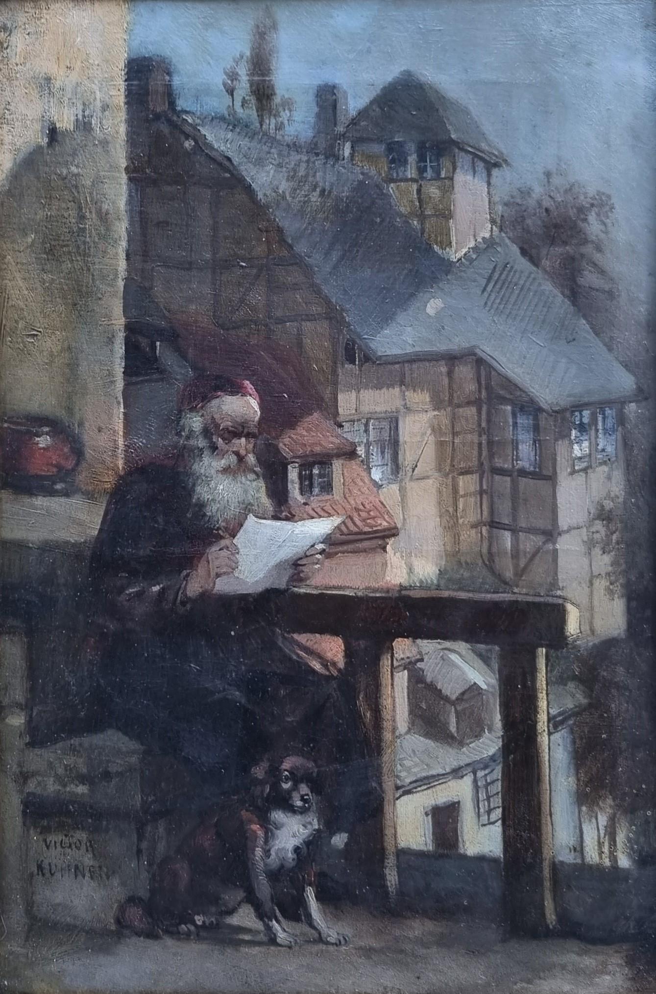 Quadro belga Victor KUHNEN Veduta Brugges Uomo anziano Cane al balcone 19° anniversario della morte di un uomo. in vendita 2