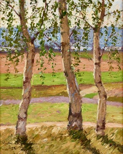 Paysage d'été avec bouleaux, huile sur carton, signé, 1922