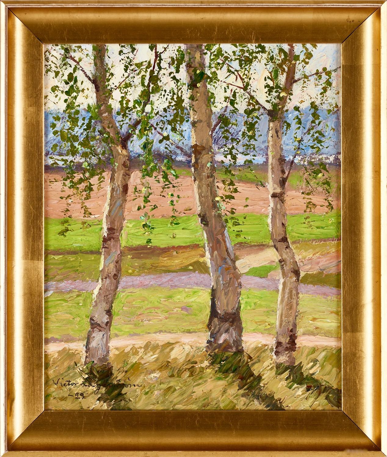 Summer Landscape with Birch Trees, Oil on cardboard, Signed, 1922