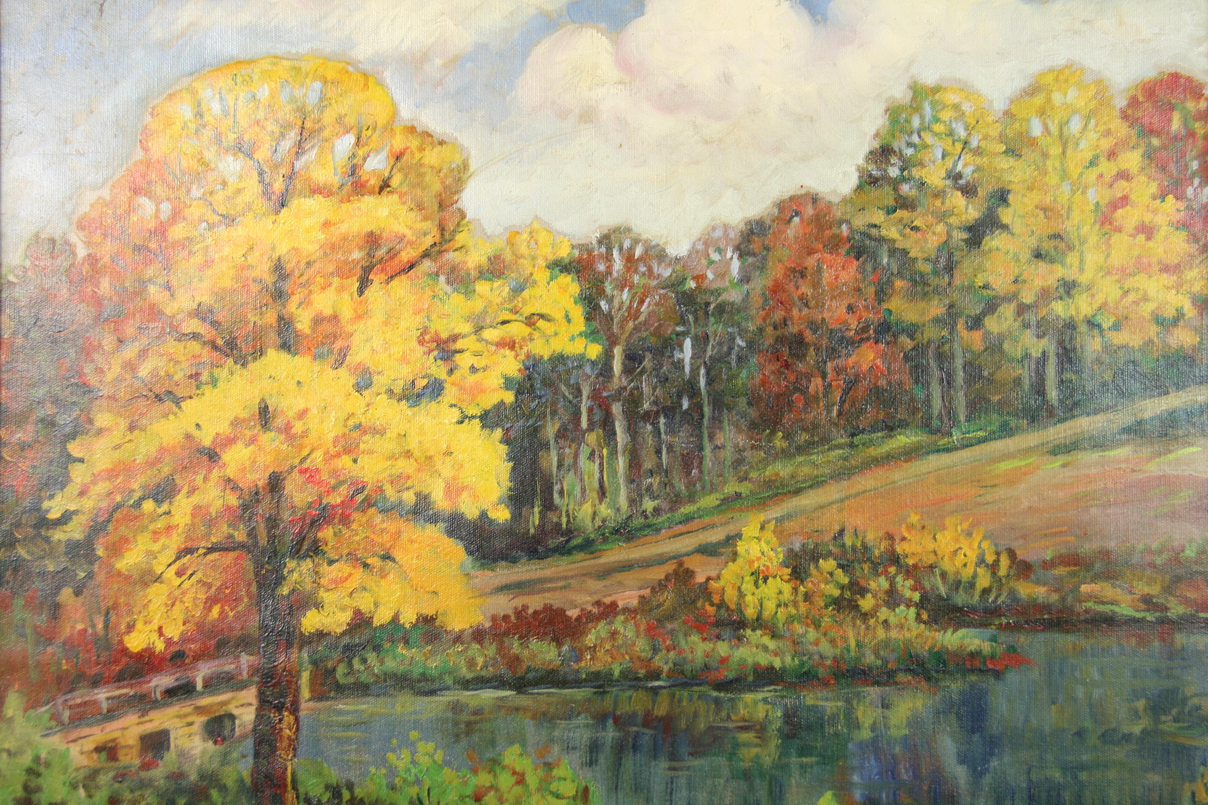 Antiguo paisaje campestre al óleo de Nueva Inglaterra  Pintura años 20 - Painting de Victor Lawson