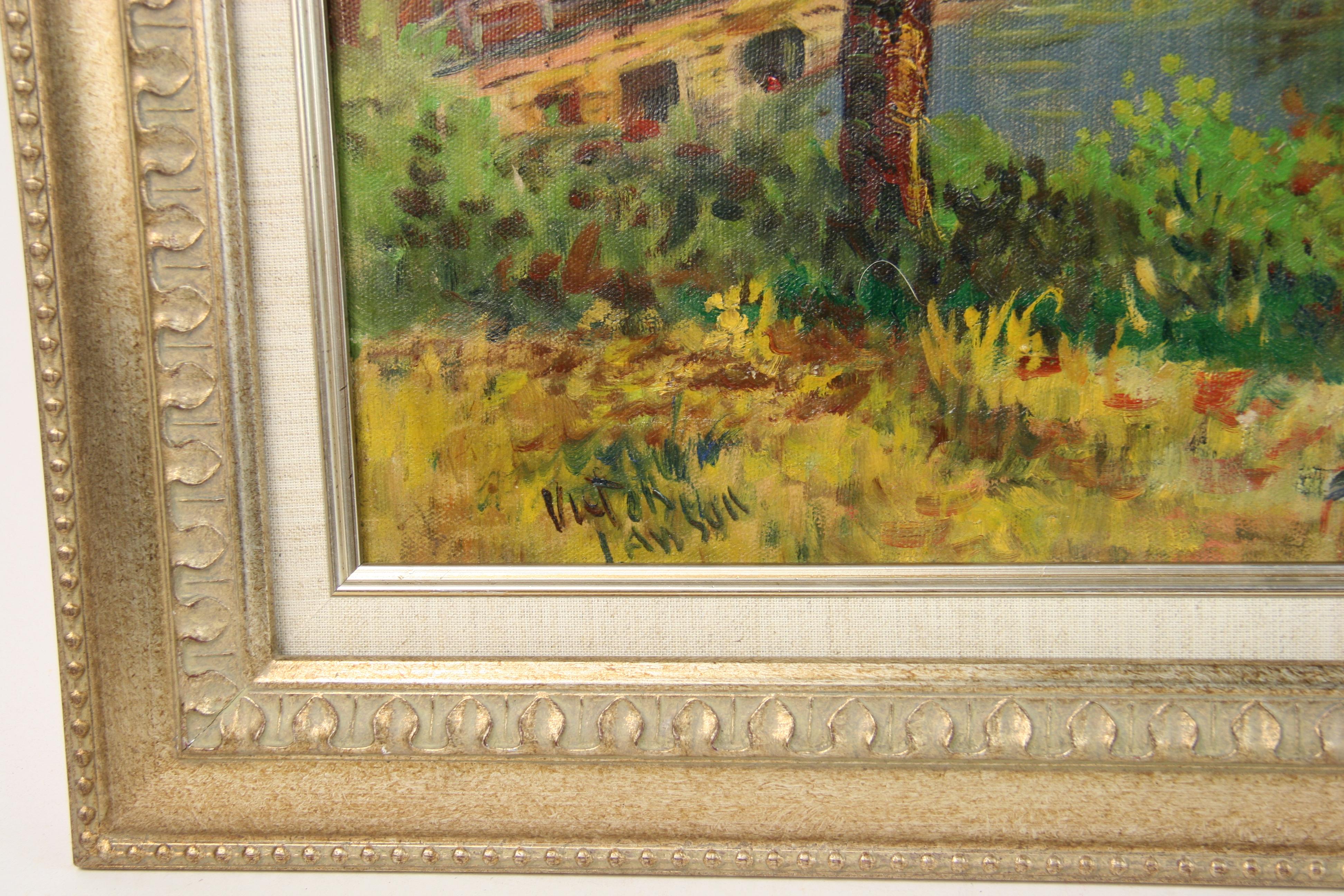 #5-3514 Countryside Scene Painting Circa 1920 ,oil on canvas applied to a board, signed by Victor Lawson ,displayed in a new  wood frame.Image size 19.5 H x 23 W