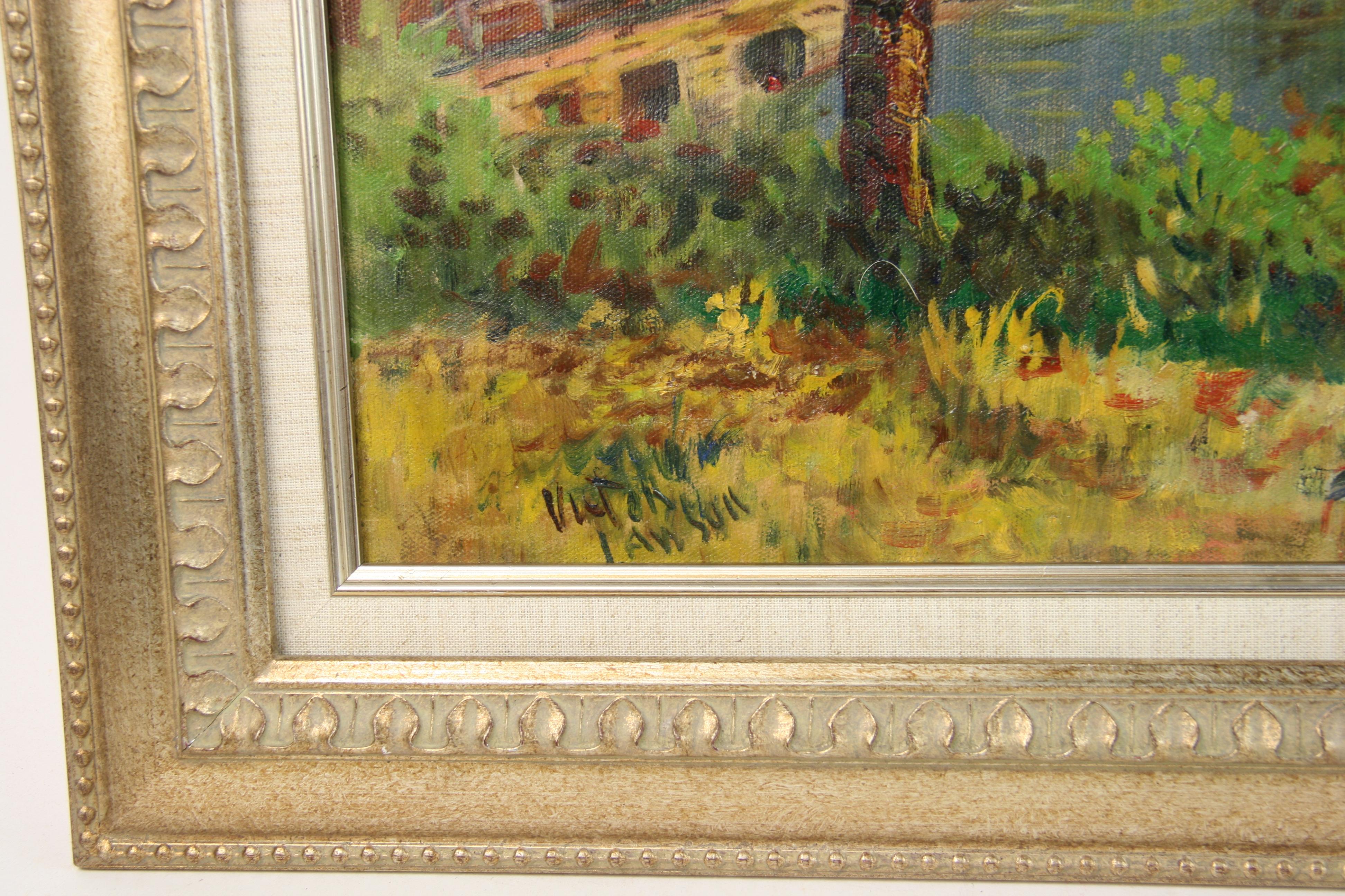 Antiguo paisaje campestre al óleo de Nueva Inglaterra  Pintura años 20 - Landscape Painting Marrón de Victor Lawson