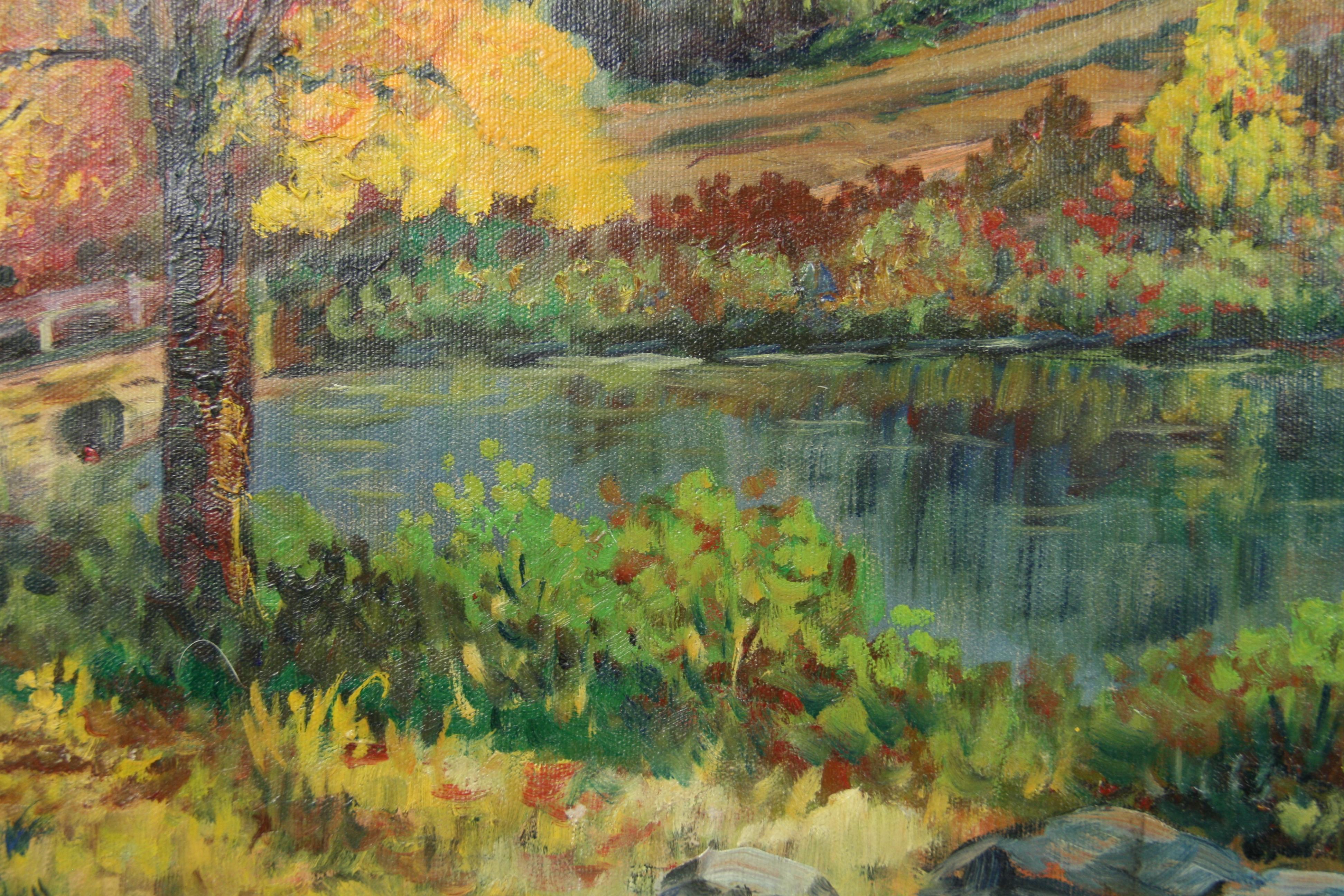 #5-3514 Pintura de escena campestre Circa 1920 ,óleo sobre lienzo aplicado a un tablero, firmado por Victor Lawson ,expuesto en un nuevo  Tamaño de la imagen 19,5 Alt. x 23 Anch.