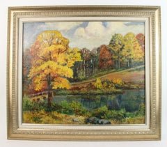 Antiguo paisaje campestre al óleo de Nueva Inglaterra  Pintura años 20