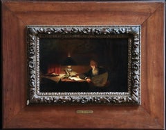 Reading - 19th Century Oil, Man Reading by Lamp in Interior by Victor Lecomte