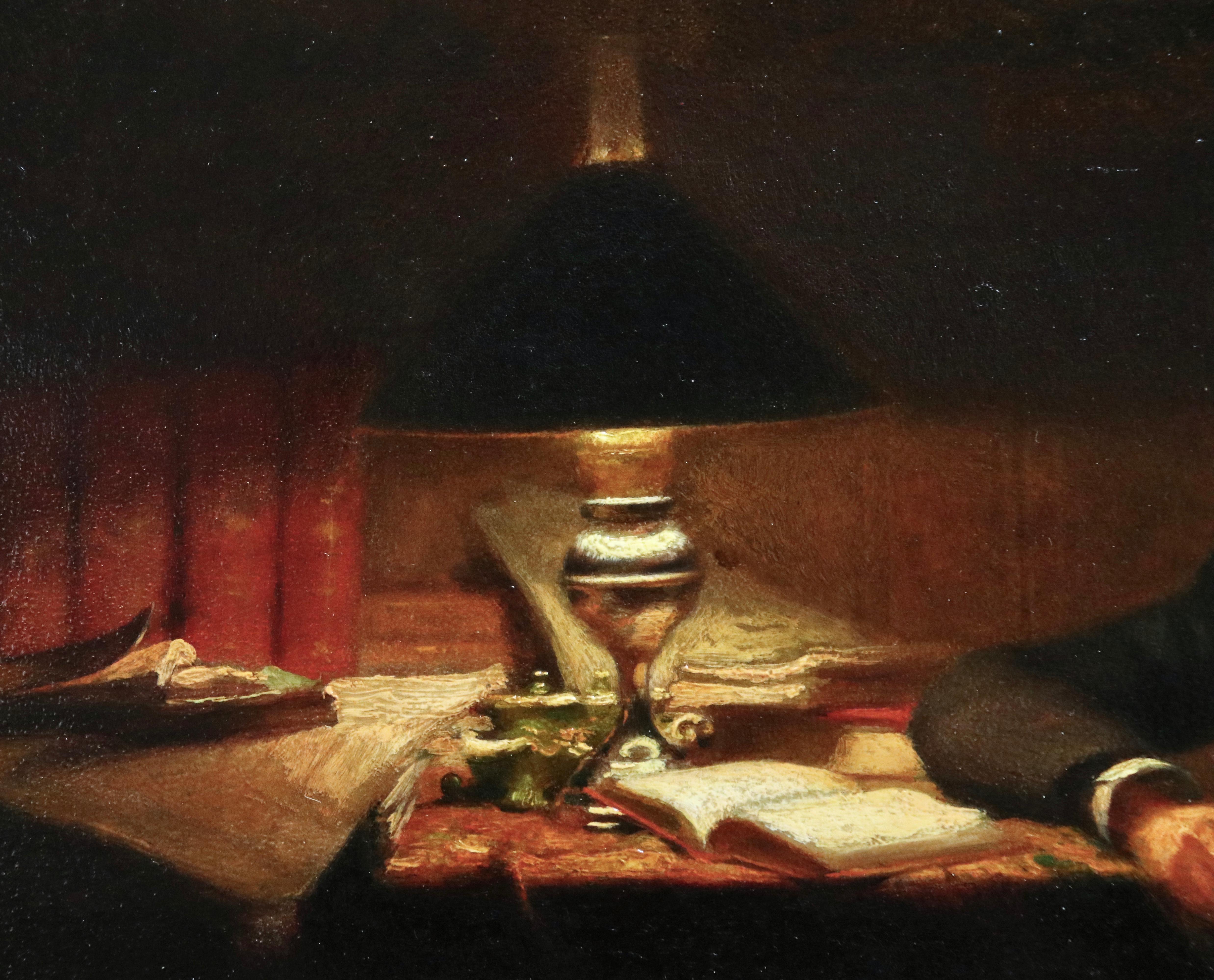 Oil on panel circa 1910 by Victor Lecomte depicting a gentleman reading at a desk strewn with books by the light of a lamp. Signed lower left. Framed dimensions are 17.5 inches high by 22 inches wide.

Victor Lecomte trained with Achille Gilbert.