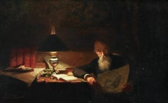 Lecture - Huile du 19ème siècle:: Homme lisant à la lampe dans un intérieur par Victor Lecomte