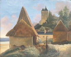 Pintura romántica francesa Óleo sobre papel Castillo de TANCARVILLE Normandía XIX