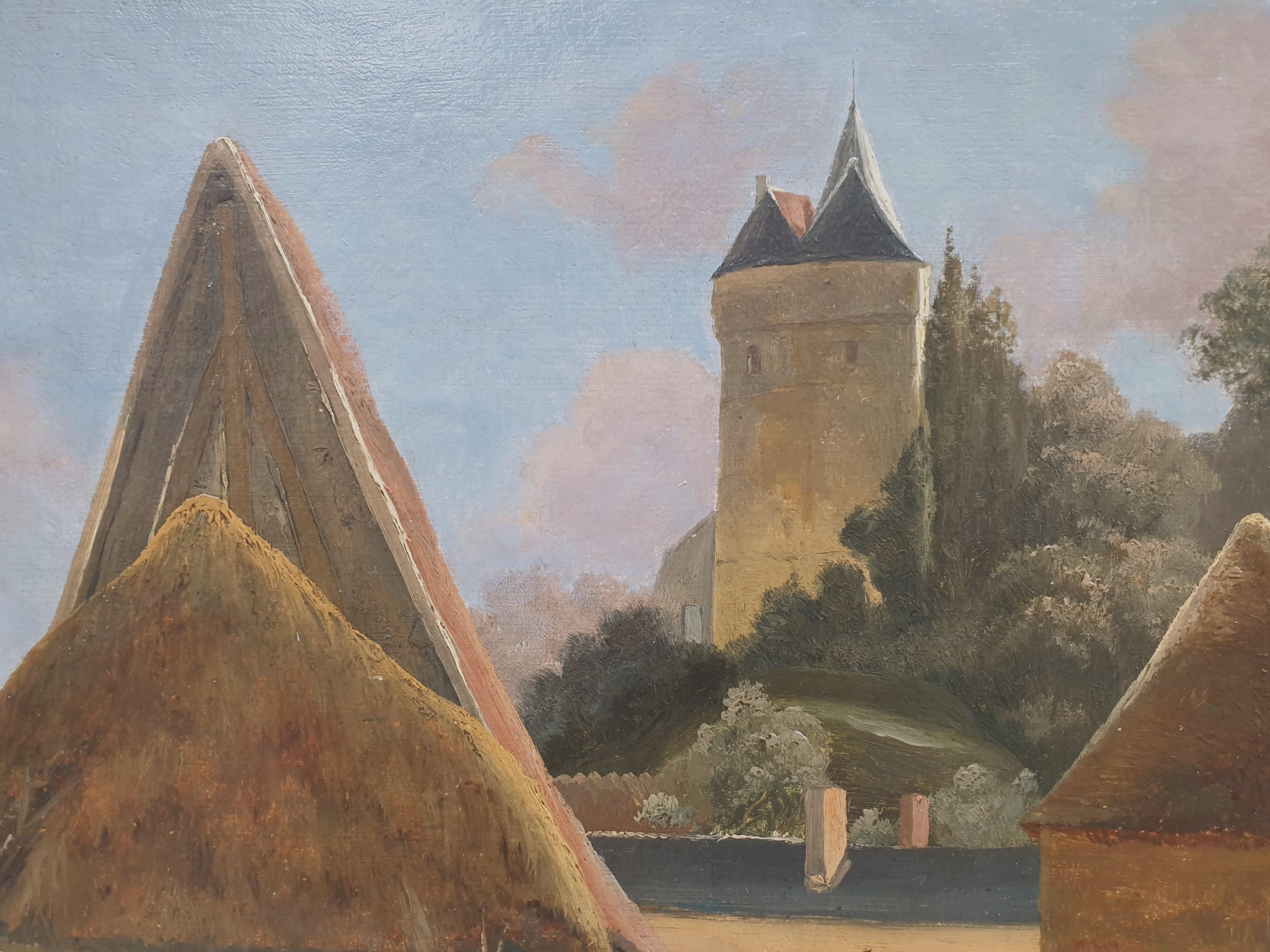 Quadro romantico francese Olio su carta Castello di TANCARVILLE Normandia 19° secolo - Painting Romantico di Victor LEFRANC