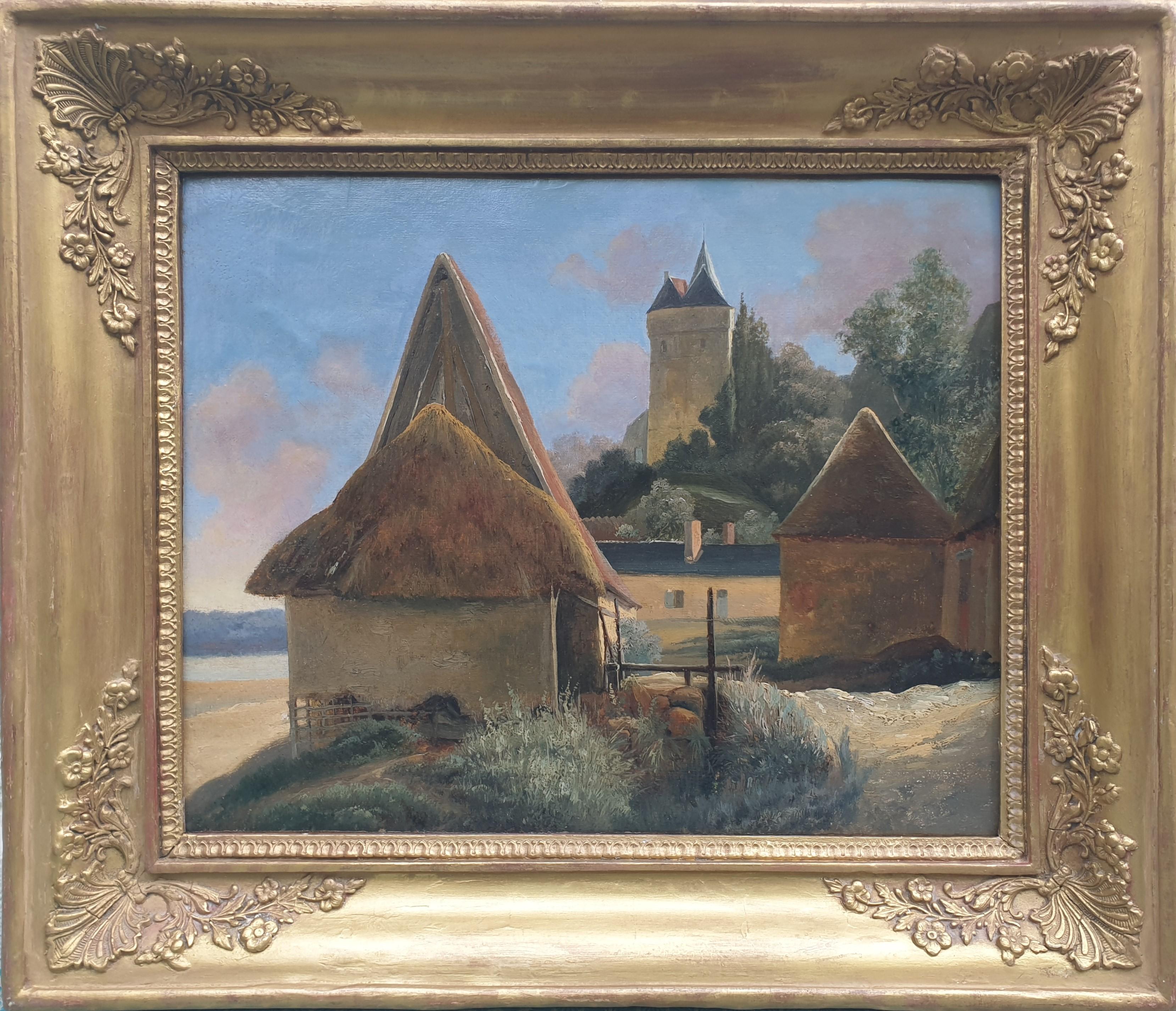 Quadro romantico francese Olio su carta Castello di TANCARVILLE Normandia 19° secolo - Painting di Victor LEFRANC