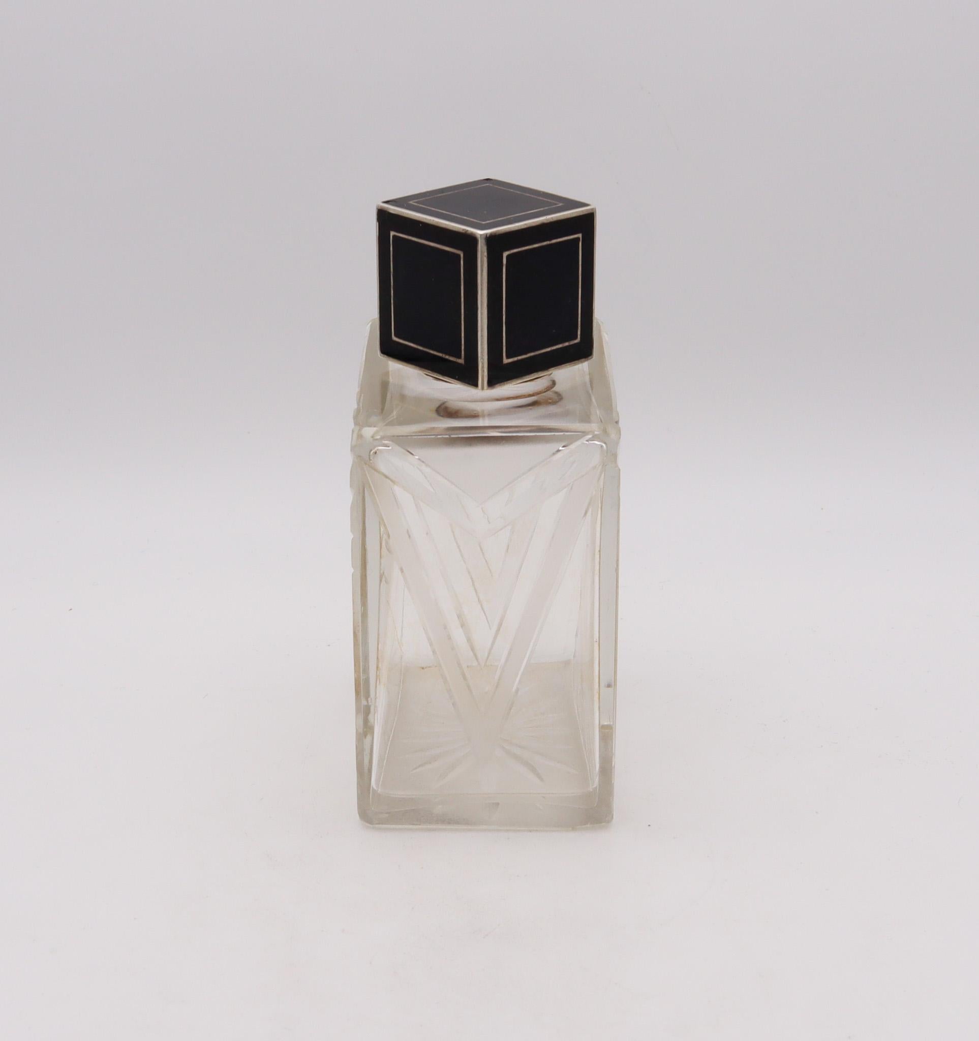 Hand-Carved Victor Leneuf 1925 French Art Deco Geometric Glass Perfume Bottle .950 Silver For Sale