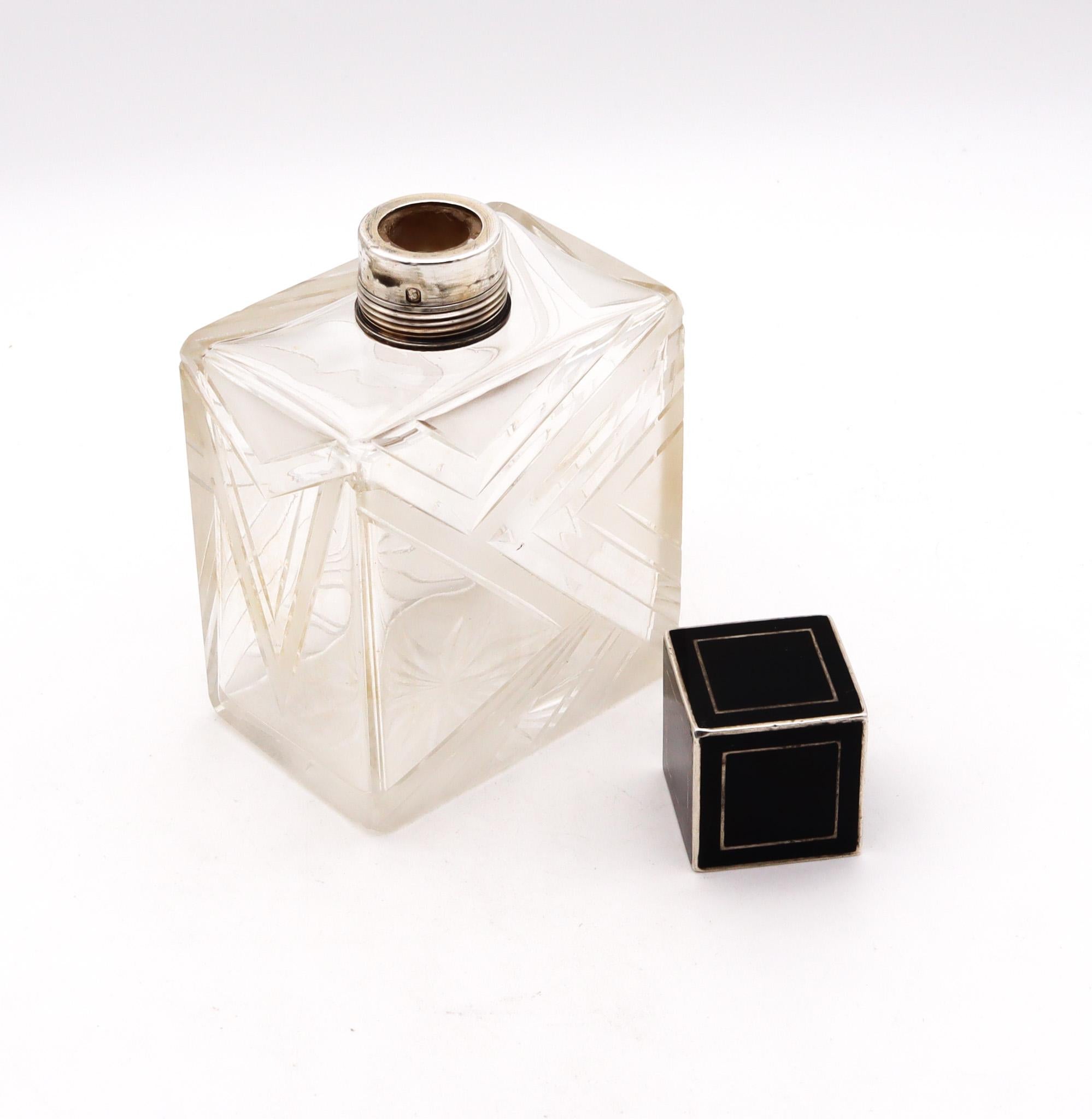20th Century Victor Leneuf 1925 French Art Deco Geometric Glass Perfume Bottle .950 Silver For Sale